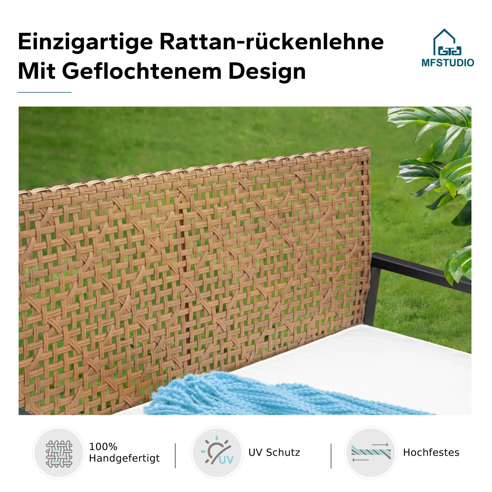 MFSTUDIO Polyrattan Gartenmöbel Set Balkonmöbel Outdoor Sitzgruppe Set Terrassenmöbel Lounge Gartenmöbel Set Tischplatte aus Massivem Akazienholz Braun Rattan Beige Kissen