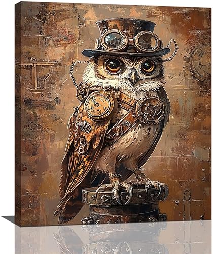 Olivine Arte de pared Steampunk, cuadros de búho, decoración de pared retro, impresiones en lienzo de pájaros punk, pintura enmarcada para sala de