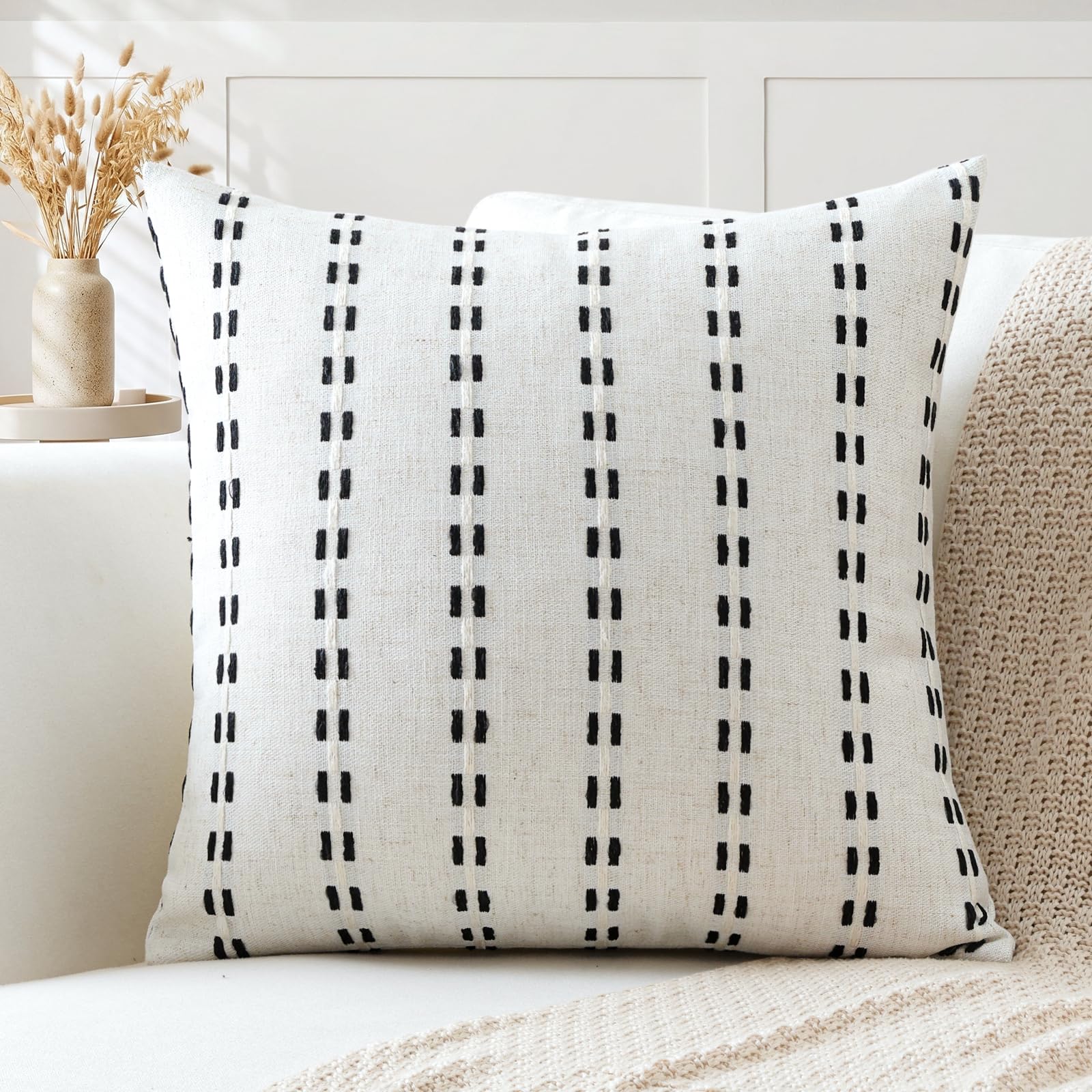 Artscope Pack of 1 Striped Geometric Cushion Cover 55x55cm Soft Square Pillowcase Decorative Farmhouse Accent Couch Throw Pillow Cover for Living Room Bedroom Black + White — image 1