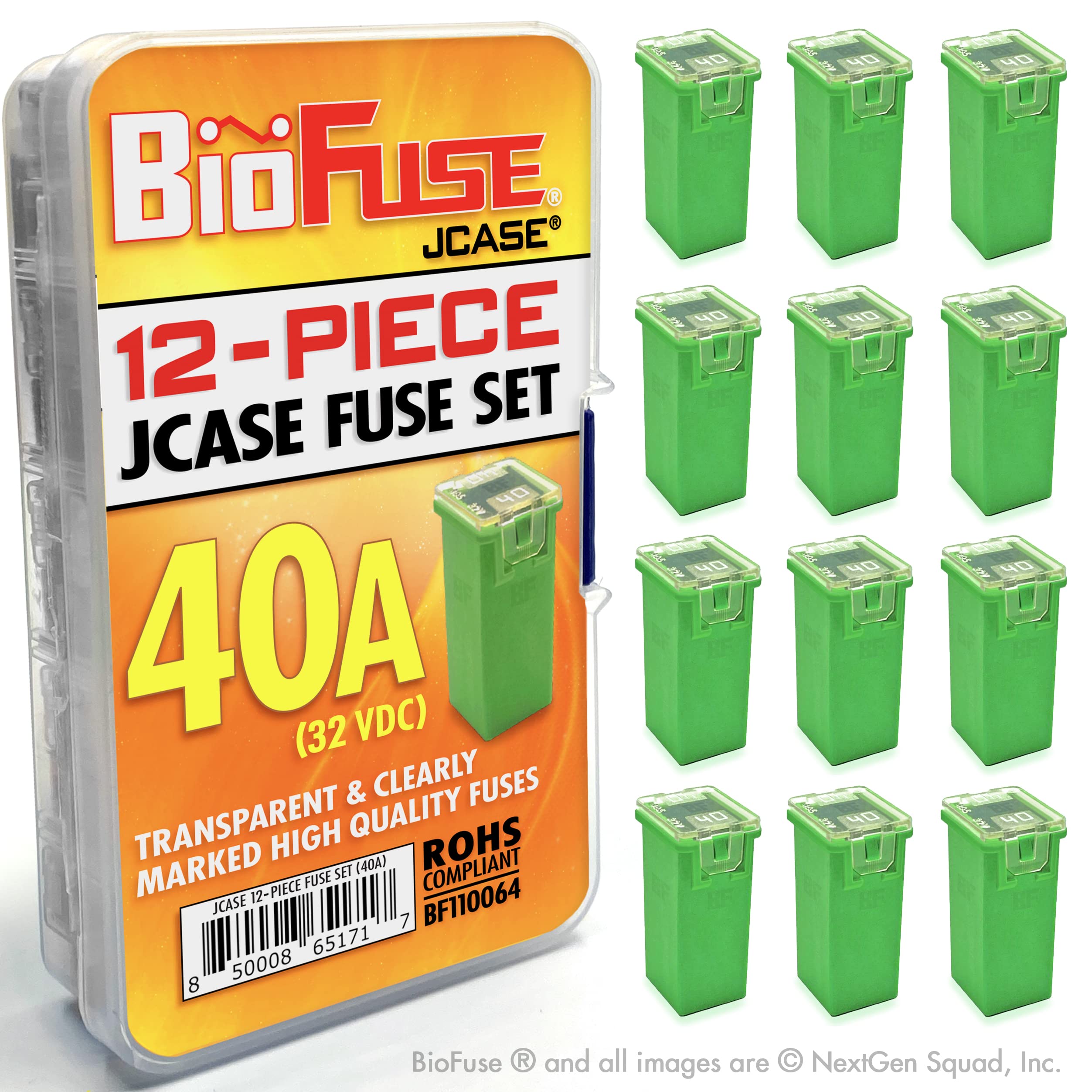 BioFuse 40A JCASE 12-Piece Cartridge Fuse Set. Fits Most: Nissan, Toyota, Chrysler, Dodge, Chevy, GM, and Ford