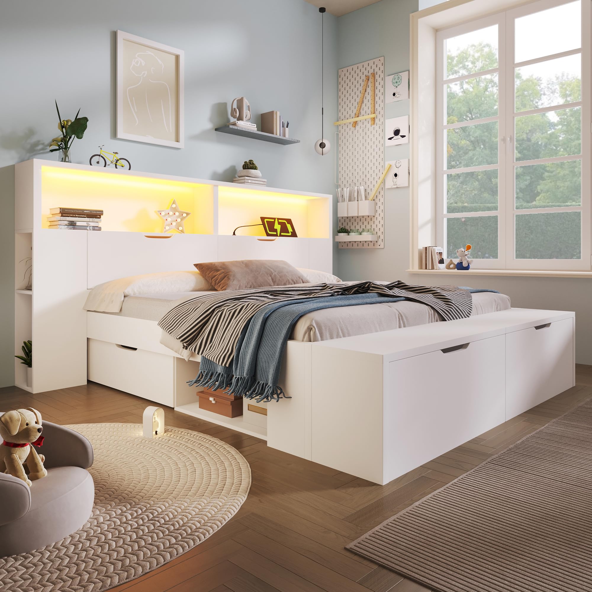 Zepneiy Lit Enfant 140x200 avec LED et USB, Lit Double 140x200 avec Tabouret Queue et tiroirs, avec étagères et sommier à Lattes, pour Adolescent et Enfant, Cadre de en Bois Blanc(sans Matelas)