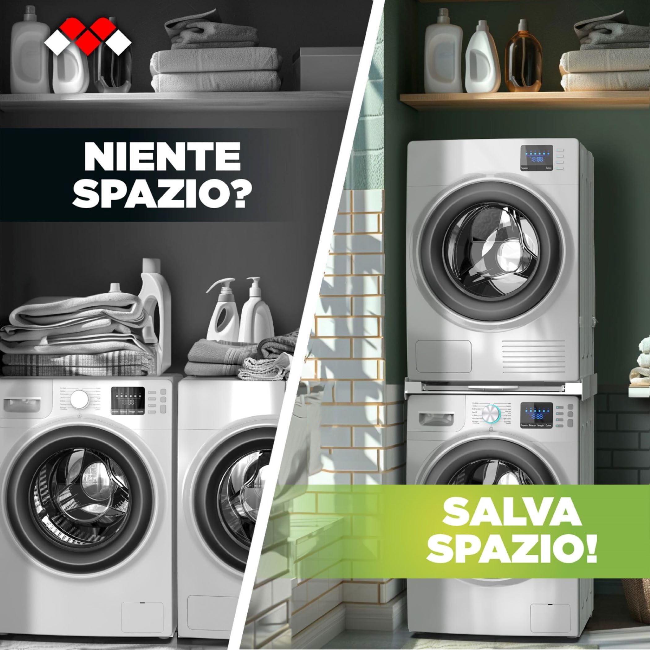Meliconi Base Torre Evo L60, Kit di Sovrapposizione Lavatrice Asciugatrice, Supporto Premontato con Ripiano Estraibile in Legno, Cinghia di Sicurezza Inclusa, Portata 250 Kg, Made in Italy, Bianco