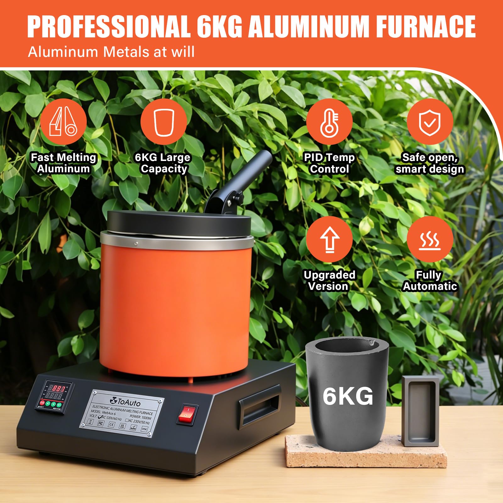 TOAUTO MeltAce 6‎ Aluminium Electric Melting Furnace 6 kg, 1500 W PID Electric Melting Furnace Kit, for Recycling Scrap and Cast Aluminium (Under 1.832°F Metal)