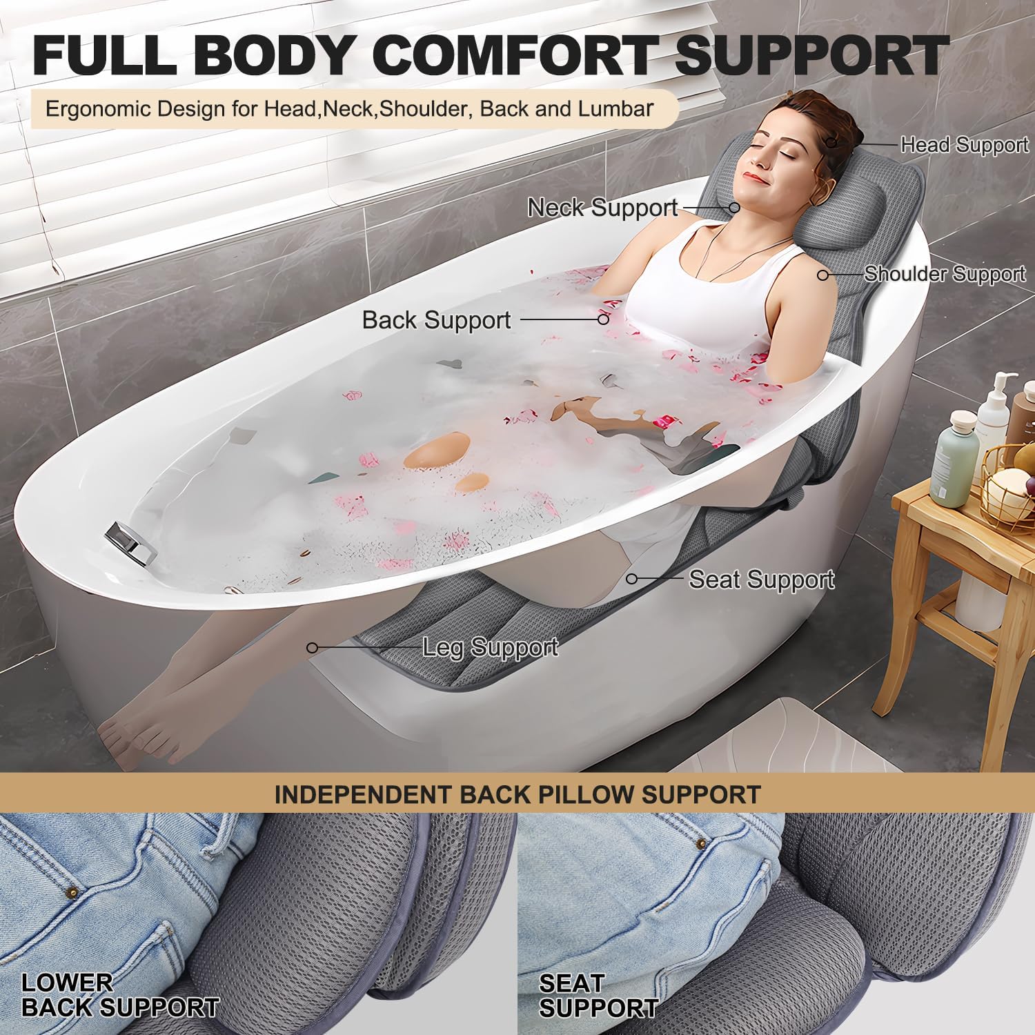 Extra Long Thick Full Body Bath Pillow for Tub with Lumbar Pillow- Luxury 4D Air Mesh Bathtub Pillow with Head, Shoulder & Back Support, Non-Slip Bath Cushion with Suction Cups (Gray)