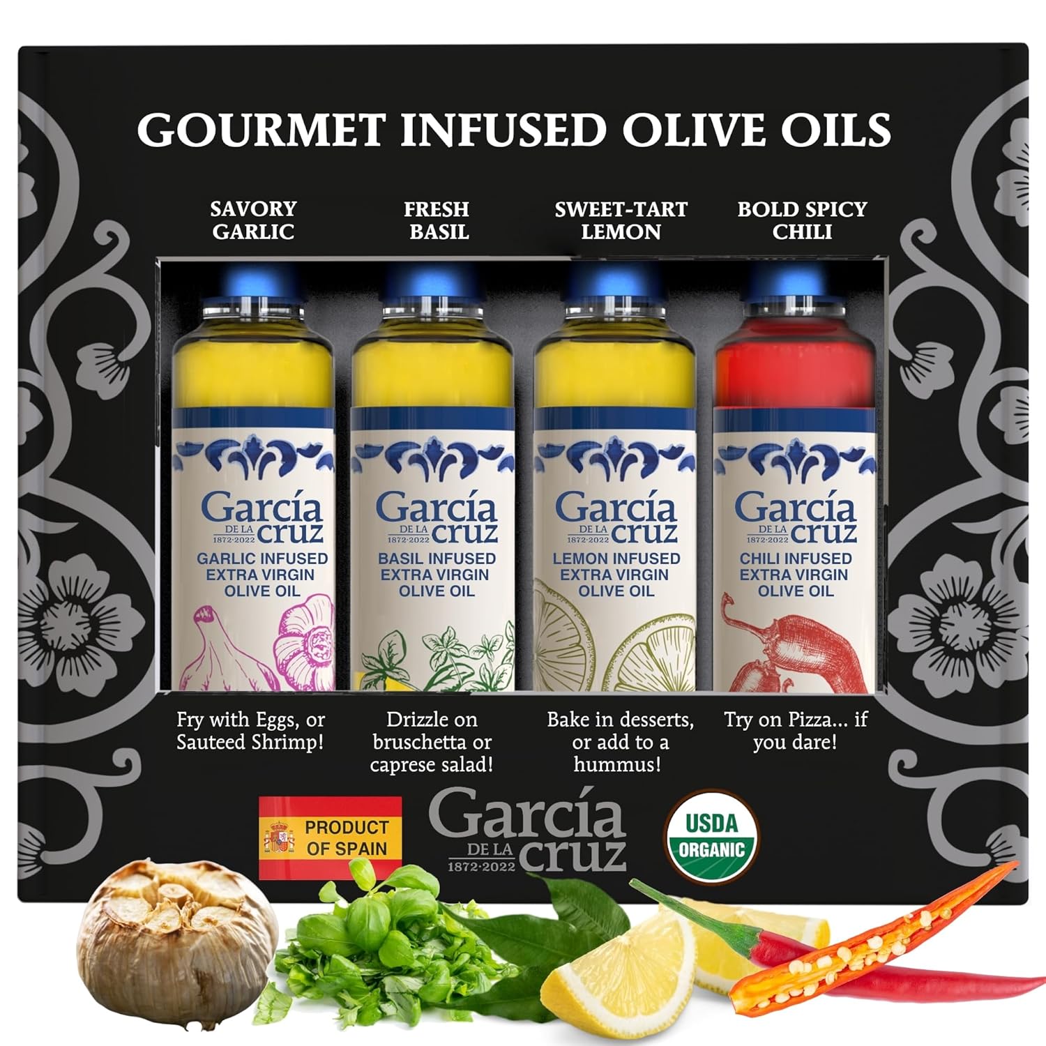 Organic Flavored Extra Virgin Olive Oil Gift Set, Garlic, Basil, Hot Chili, Lemon Infused - Pack of 4 x 8.5 oz glass bottles