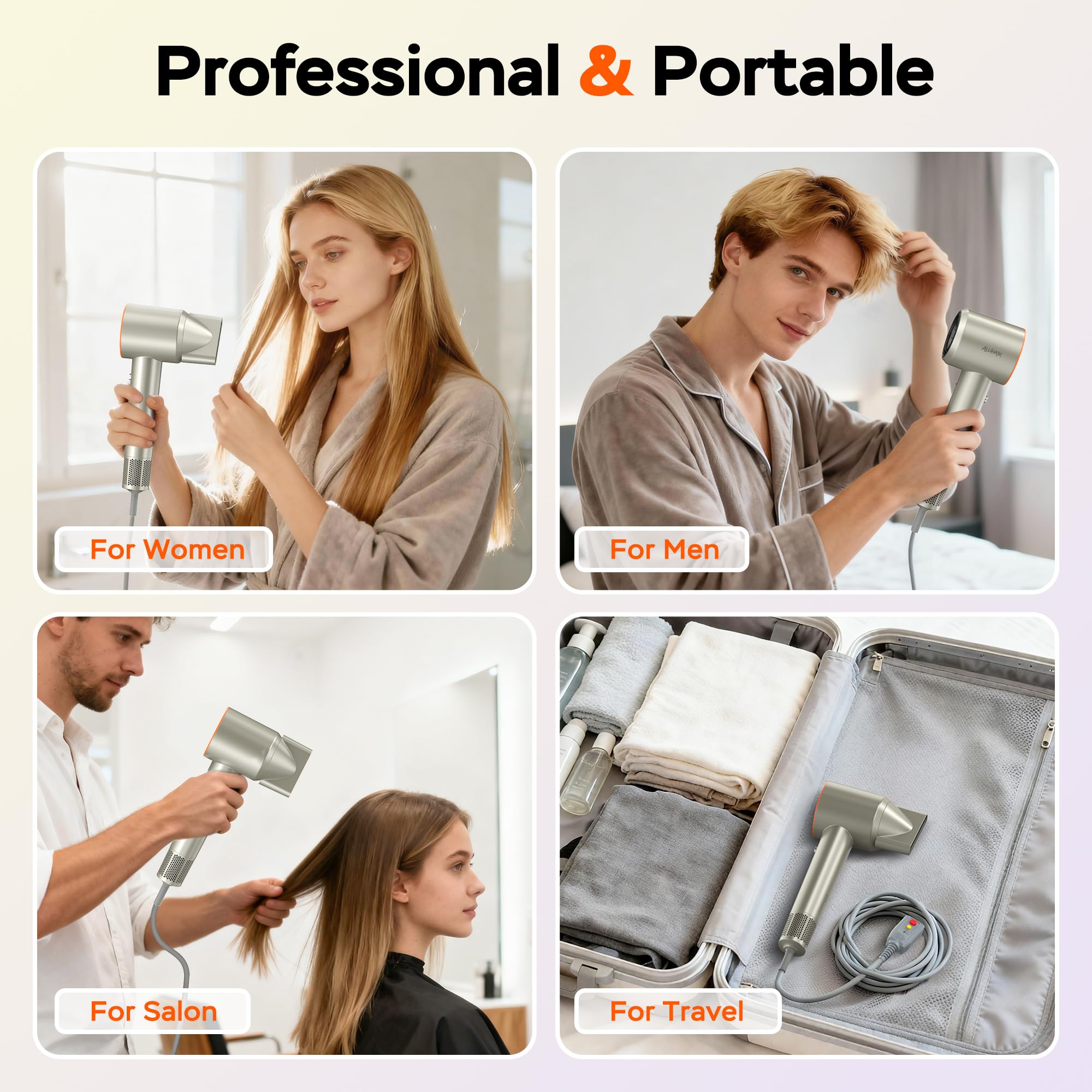 Hair Dryer Ionic, High Speed Blow Dryer 1600W Fast Drying Low Noise Portable Lightweight Professional Hairdryer 4 Heat Settings with Concentrator Nozzle Attachment for Women Men Travel Home