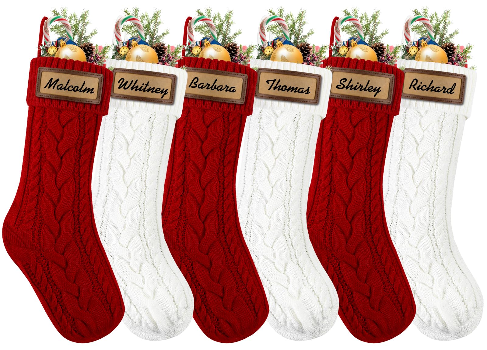 XOYTN 6 Pack Personalized Christmas Stockings, 18in Large Knitted Xmas Hanging Stocking Set Decoration with Leather Patches Custom Name for Holiday Christmas Family Decor (Red and White)