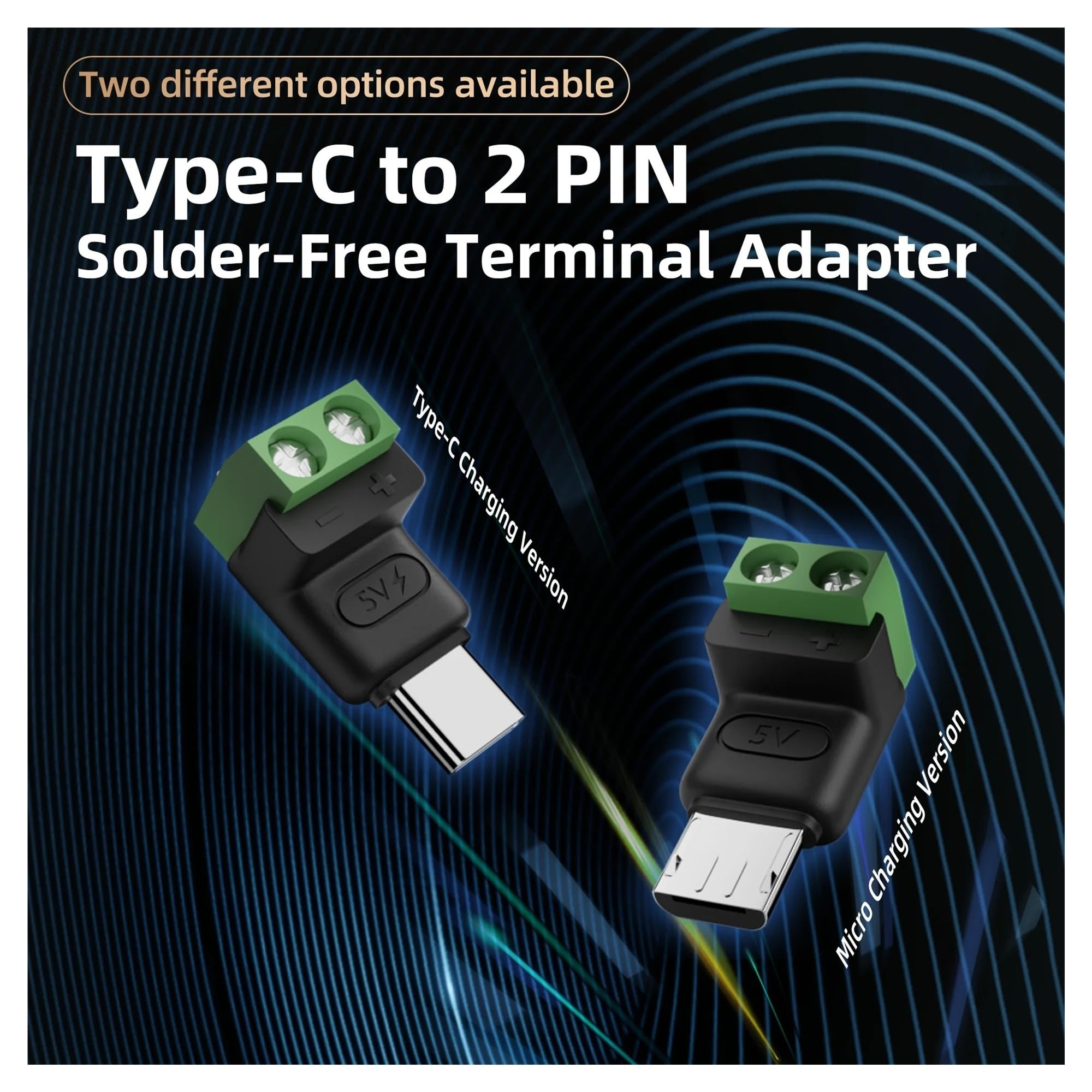 USB C/Micro to 2 Pin Screw Terminal 5 V Solderless Adapter (5X Microto2PIN-MHT)