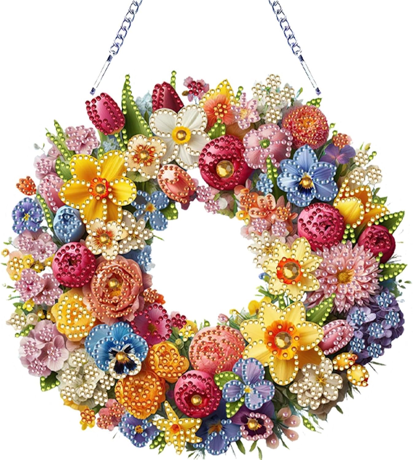 jinglinhh DIY Diamond Art Hanging Pendant Kit Peony Daffodil Tulip Flower Wreath, Acrylic Diamond Art Suncatchers for Adults, Crystal Rhinestones Window Wall Ornament Kit