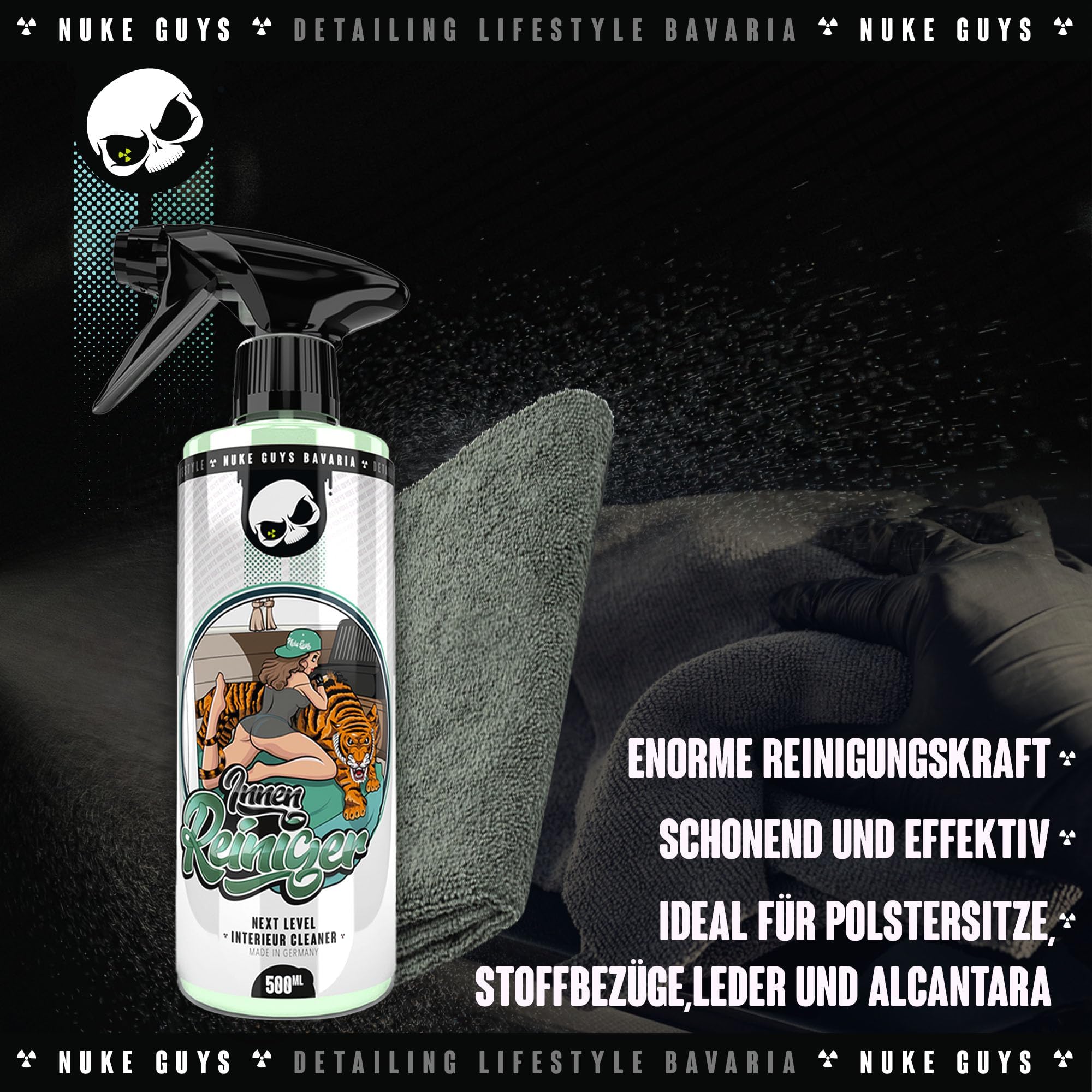 Nuke Guys Juego de limpieza para el interior del coche, limpiador de interiores + limpiador de cristales + paño de ventana + fragancia de coche + toallitas mate + pincel de detalles + paño de