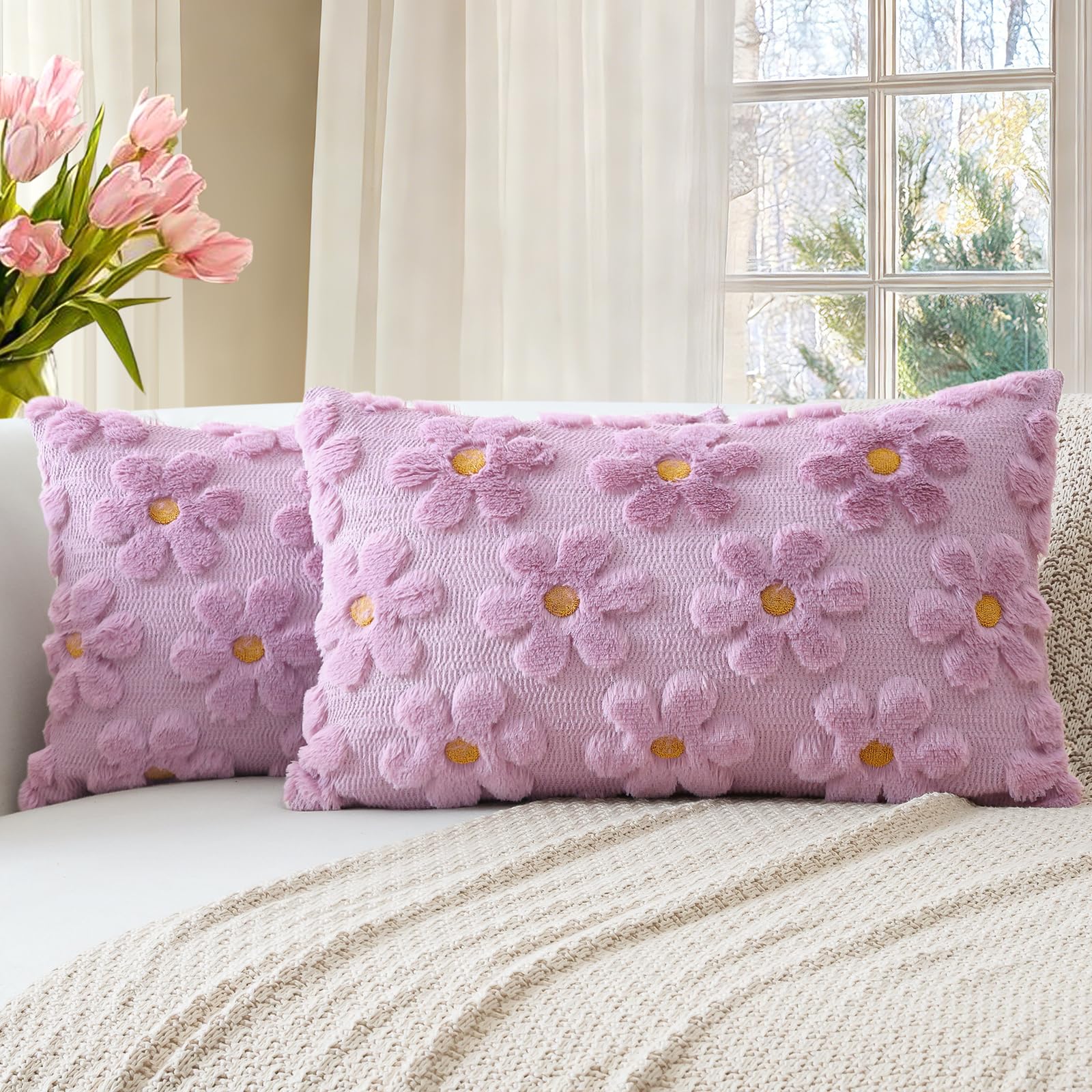 Artscope Spring Summer Cushion Covers Set of 2 Flowers Throw Pillow Covers for Sofa 40x60cm Lumbar Seasonal Soft Plush Short Wool Velvet Cushion Case Holiday Decor Light Purple