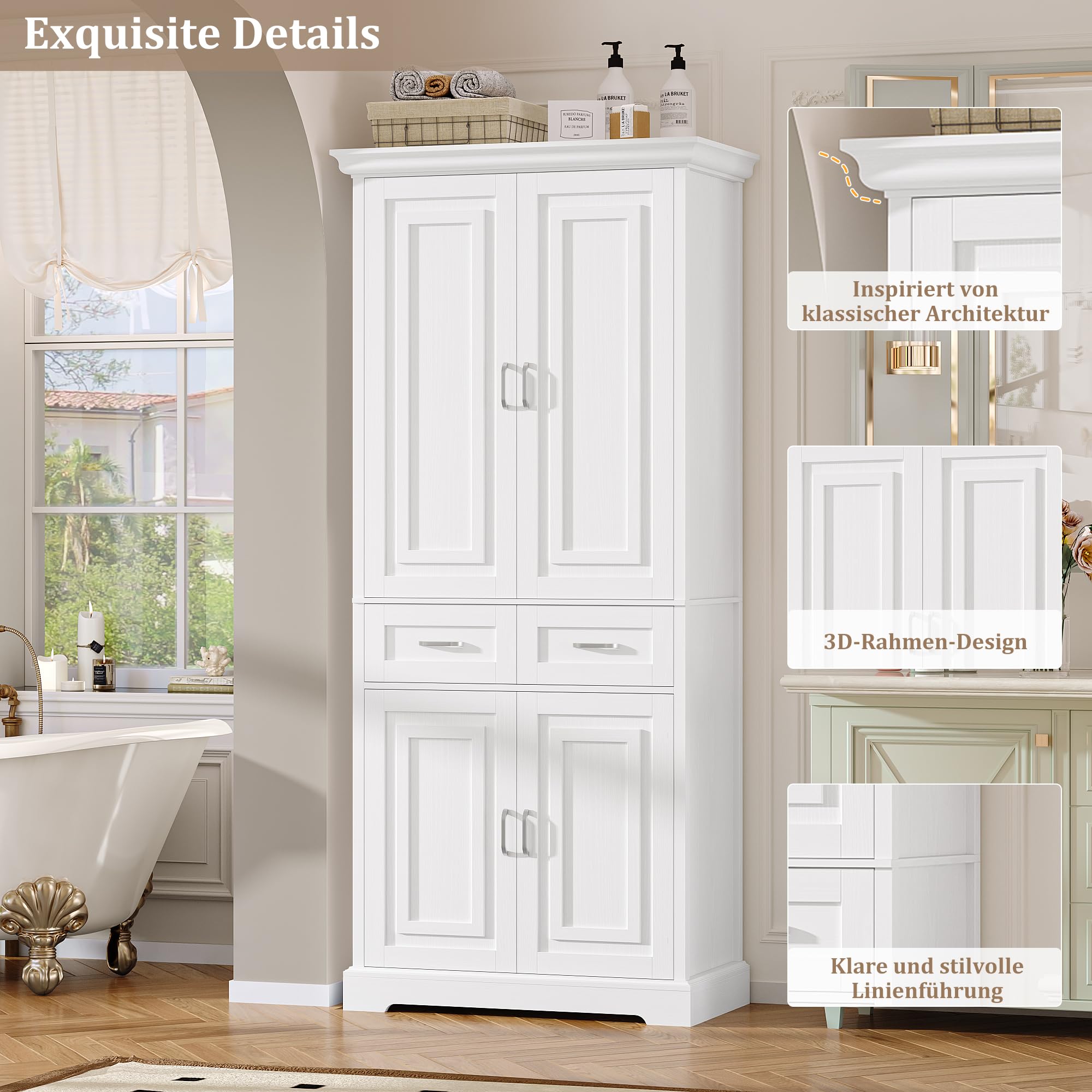 FirFurd 180cm Küchenschrank Hochschrank Mehrzweckschrank Badezimmerschrank Küchenbuffet mit 4 Türen & Schublade, Buffetschrank Küchenschrank hoch für Wohnzimmer Küche Badezimmer 80x40x180,5cm, Weiß