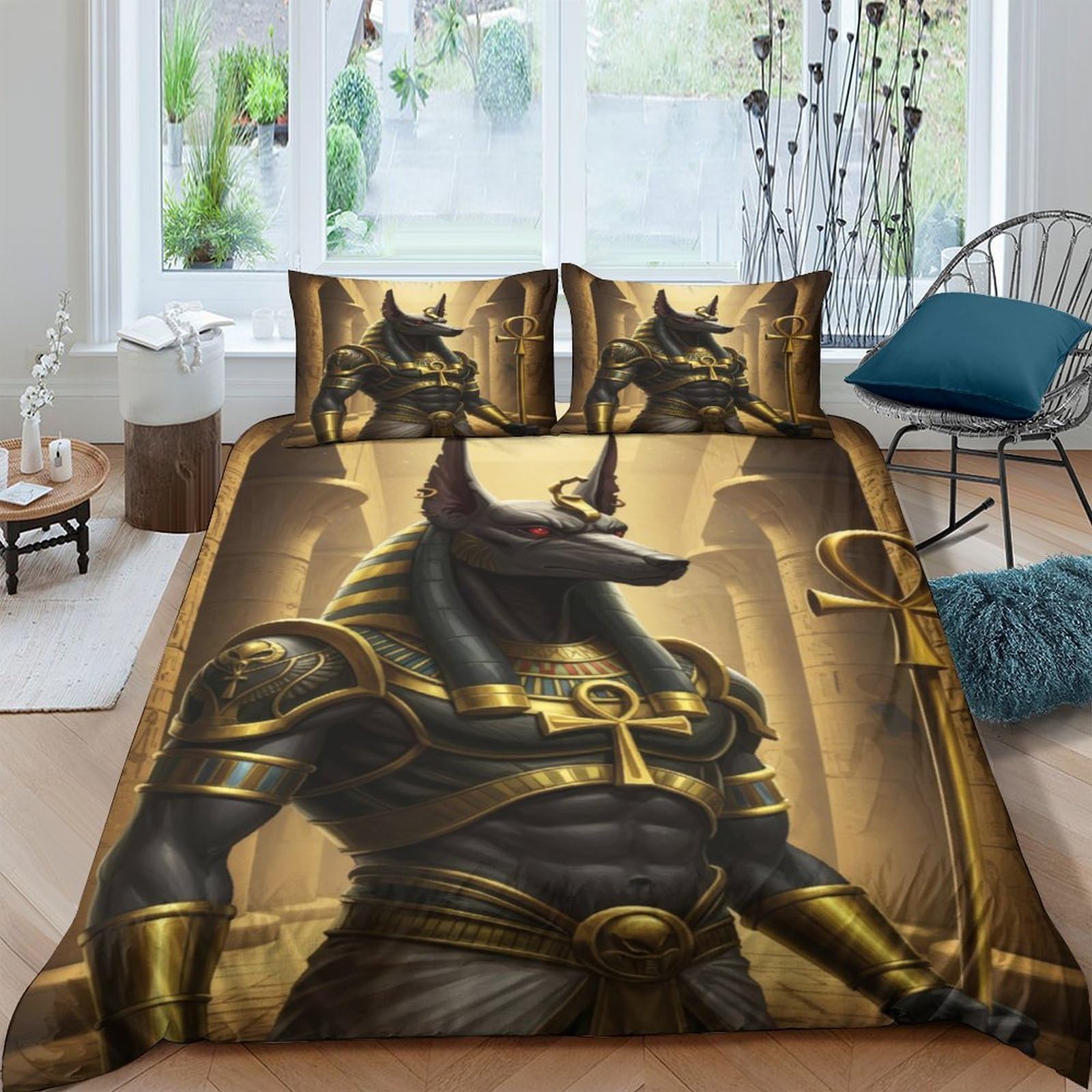Ctjqhvkz Style-2 3D Printed Egyptian Anubis Gold Fitted Sheet Microfiber Black Pharaoh Bed Cover For Bedroom Guest Room Decor Single（135X200cm）