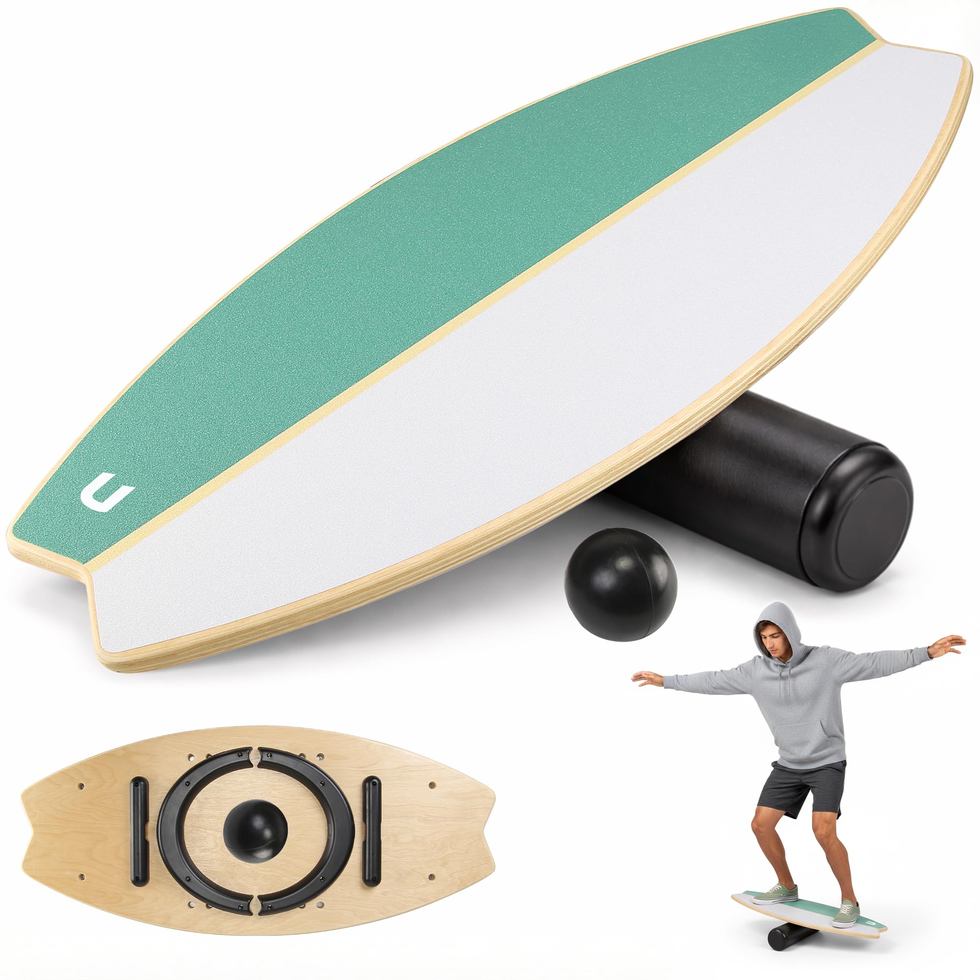 unycos - Tabla de Equilibrio Multifunción de Madera 80 x 35 cm con Rodillo y Pelota, Balance Board Antideslizante con 7 Modos y Topes Magnéticos, hasta 200 kg, para Core, Coordinación y Fitness