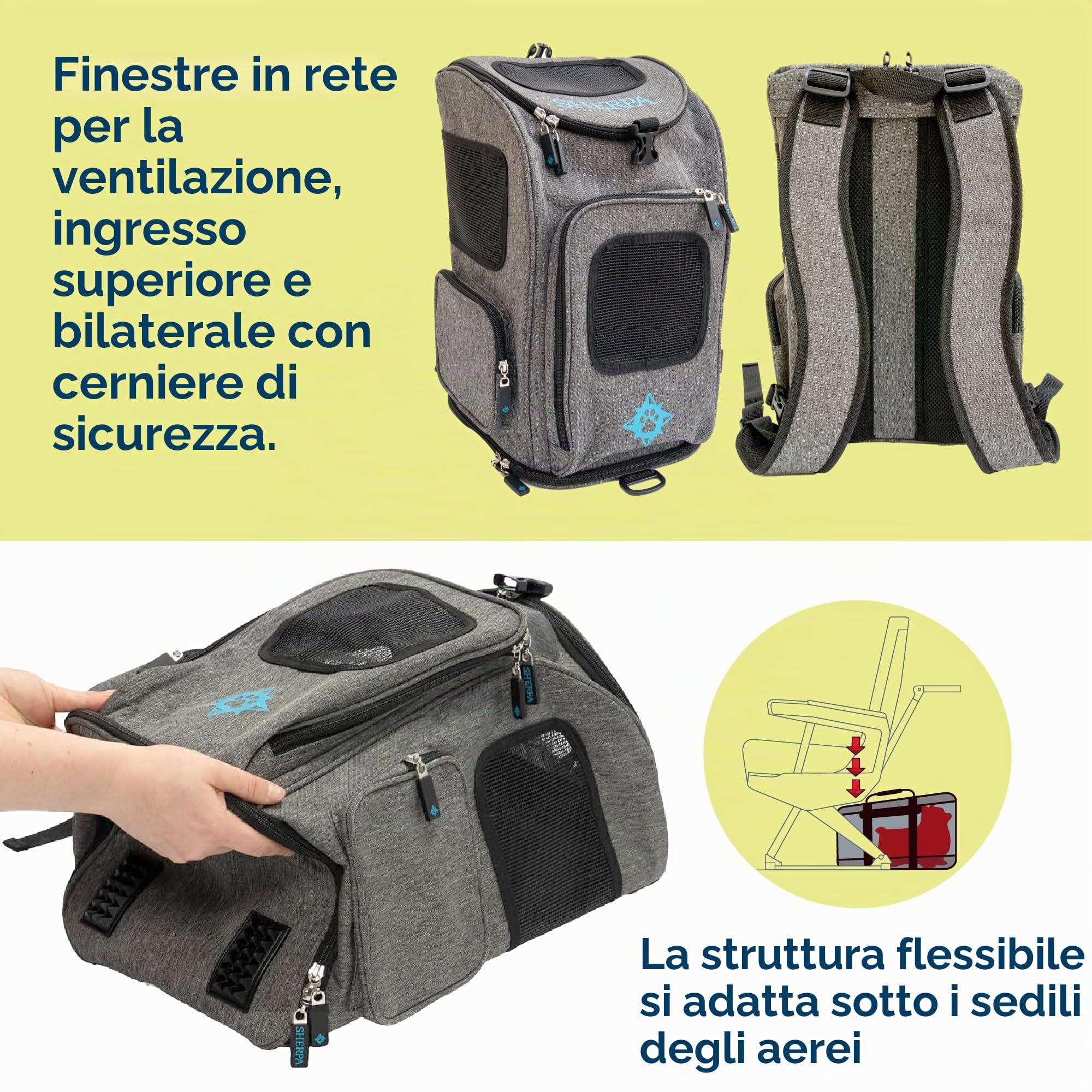 Sherpa, Zaino da viaggio per animali domestici, approvato dalla compagnia aerea, lavabile in lavatrice, finestre in rete, serrature di sicurezza, telaio a molla, grigio