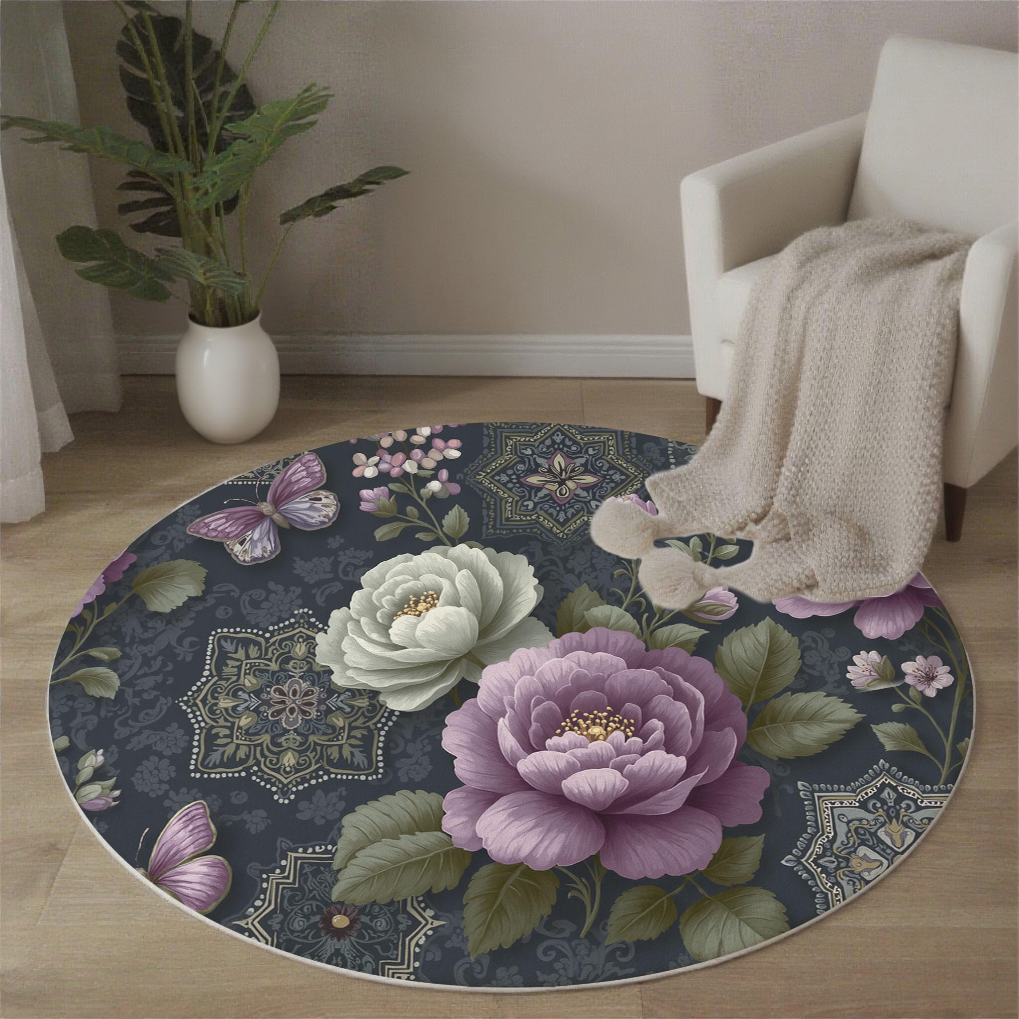 Tapis Rond Salon Papillon Floral Rétro, 200cm Tapis de Sol Mandala Patchwork Antidérapant Doux avec Bords Cousus pour Chambre Bureau L'intérieur Décorer, Gris Anthracite