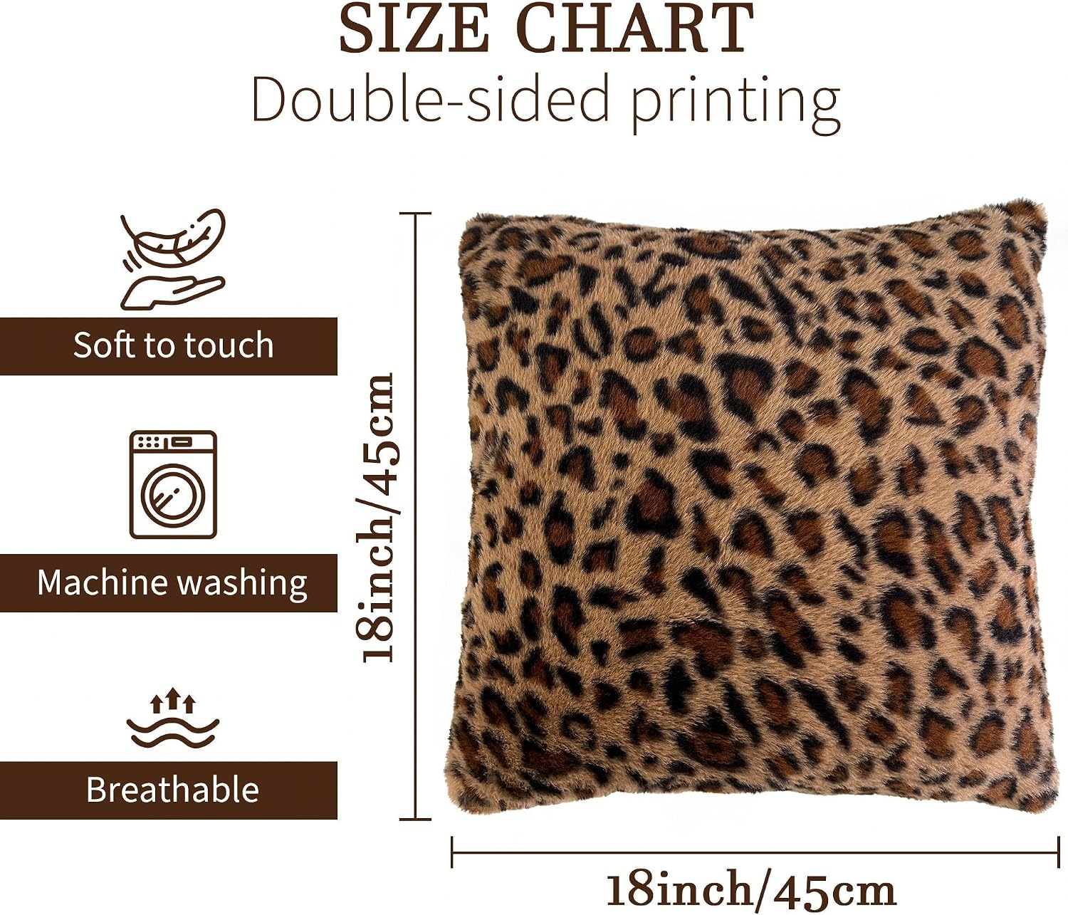 Cheetah Print Throw Pillow Faux Fur Leopard Pillow Covers 18x18 | Brown Set of 2, Soft Fluffy Cushion Cases for Couch Sofa Bedroom Living Room Decor