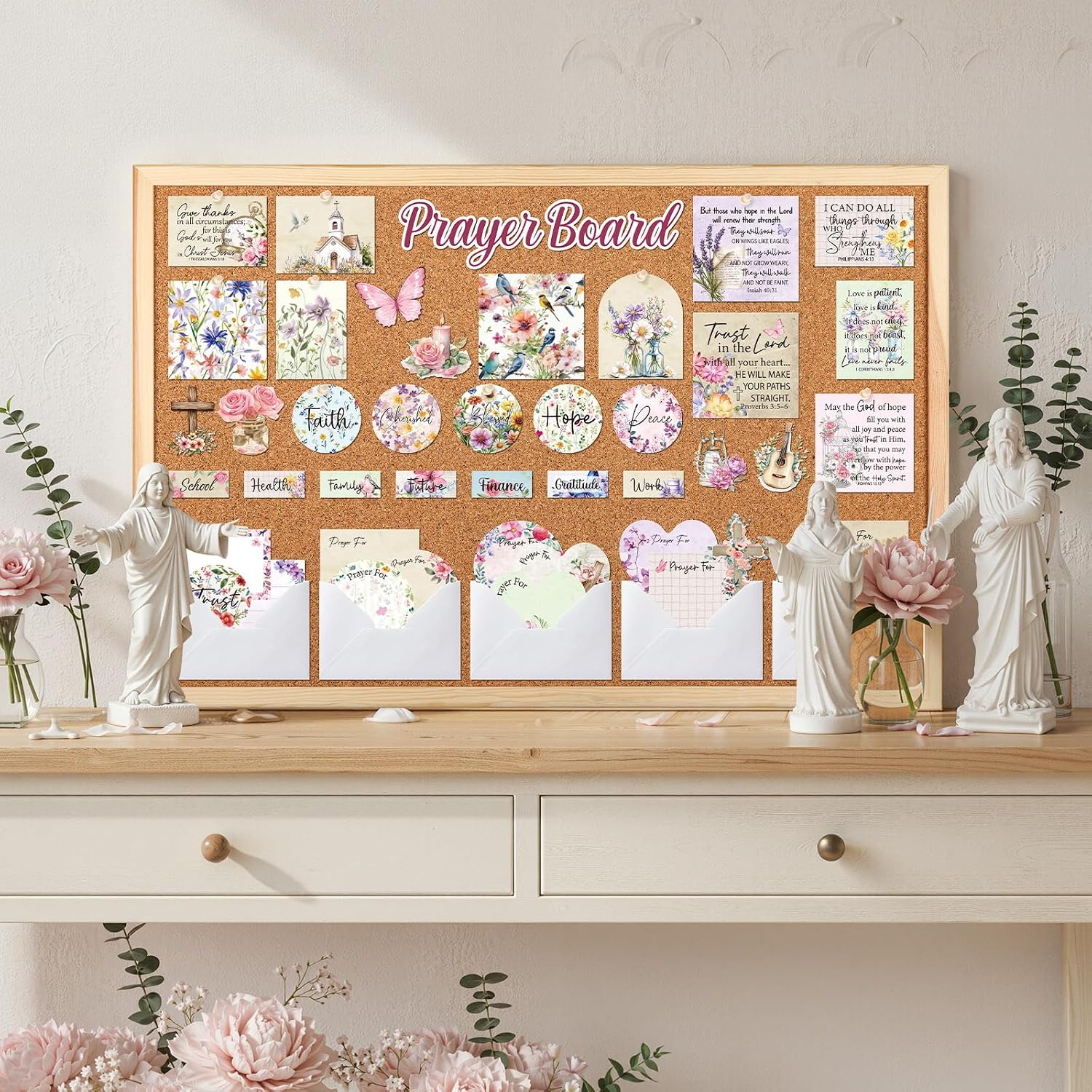 Flower Prayer Board Supplies - 114 Pcs Prayer Board Kit with Pins Envelope Bible Verse Quotes Cards, Colorful Floral Vision Boards Decorations, Bible Study Supplies (Not Including Board)