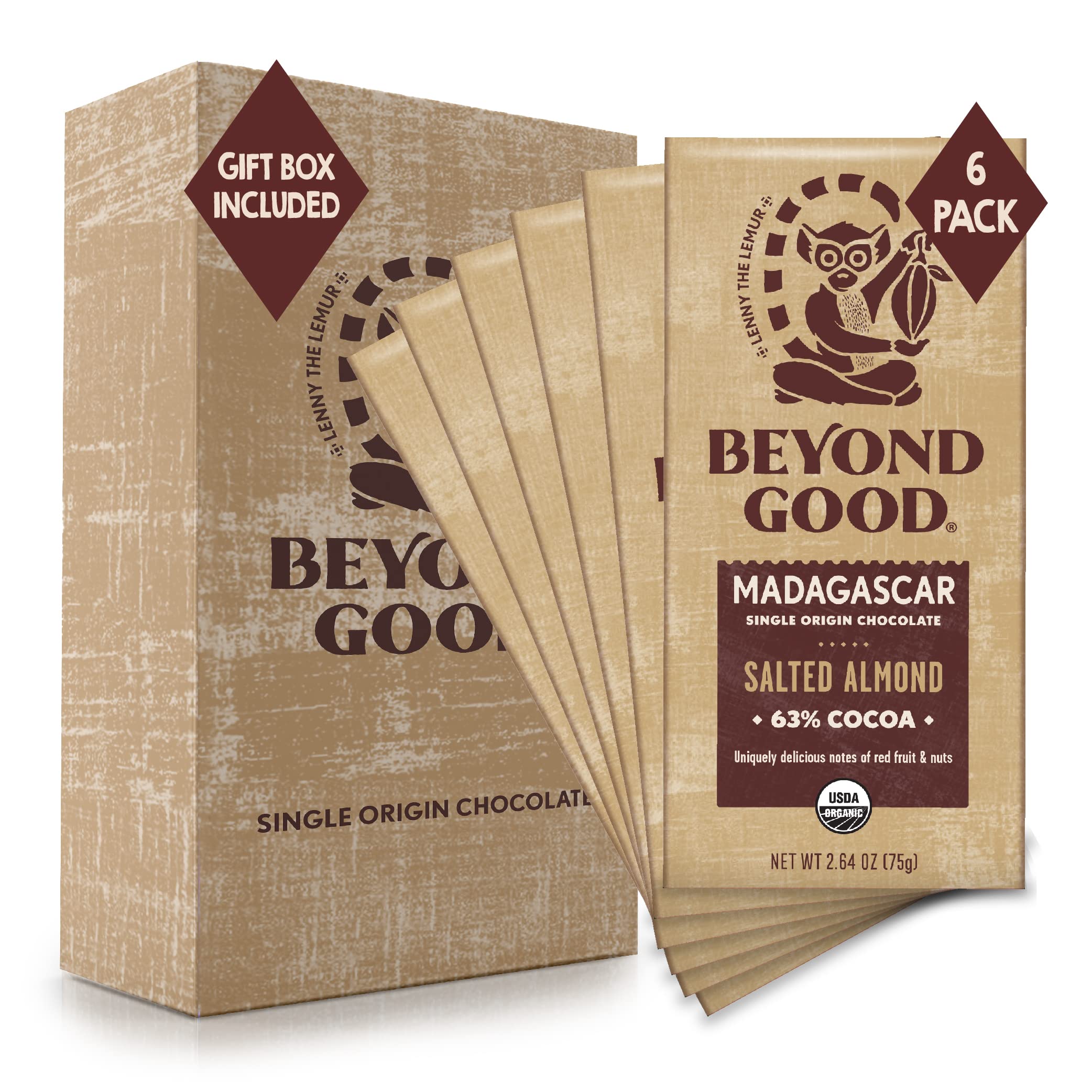 Beyond Good Chocolate Bars | 6 Pack Salted Almond Dark Chocolate | Gift Box Included | Organic, Direct Trade, Vegan, Kosher, Non-GMO | Single Origin Madagascar Heirloom Chocolate