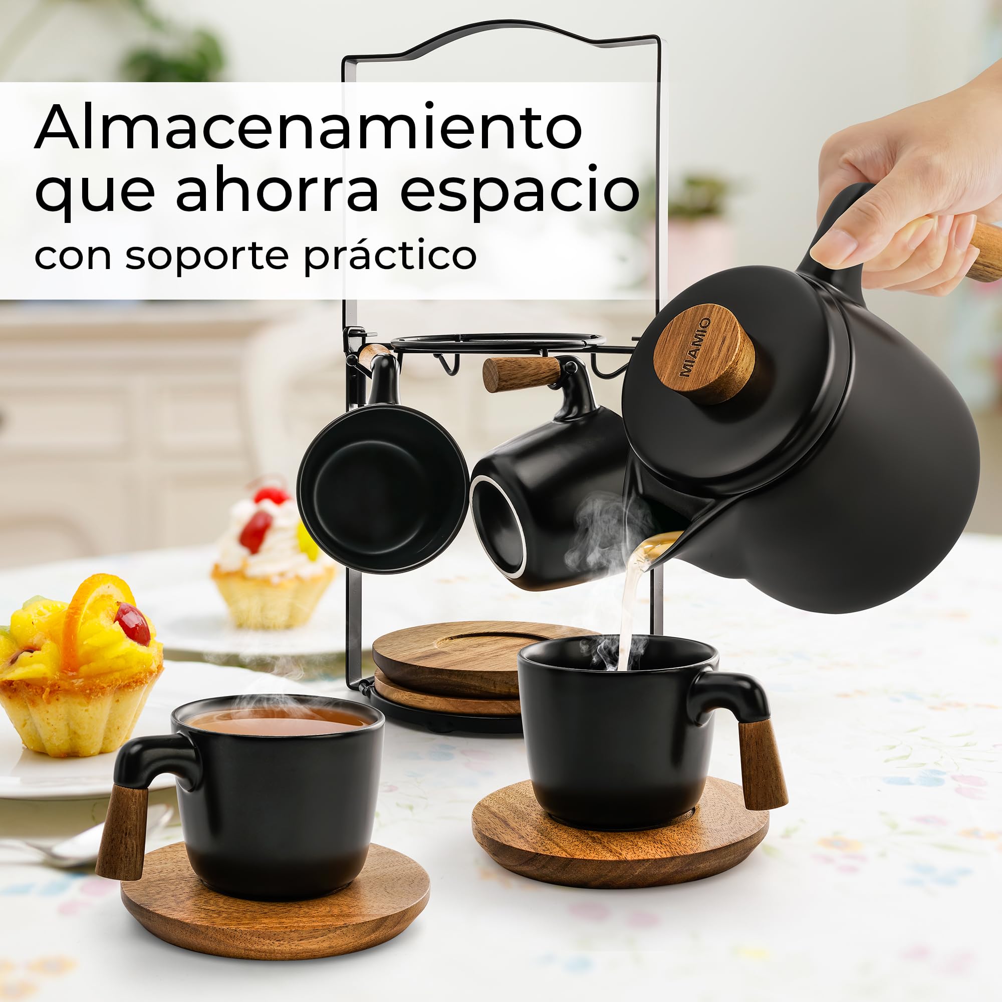 MIAMIO – Juego de tetera de cerámica de 1000 ml con infusor y tazas/colador de té, 4 tazas de té de cerámica (300 ml), platitos de bambú/asa para el hogar y el despacho (Negro)
