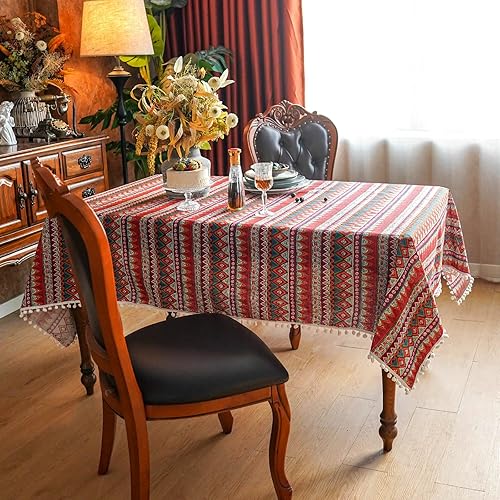 Miniatura 2 de SUTAVIA - Mantel rectangular bohemio con borlas y pompones, manteles bohemios de lino sin arrugas, mantel de Navidad para el hogar, vacaciones,
