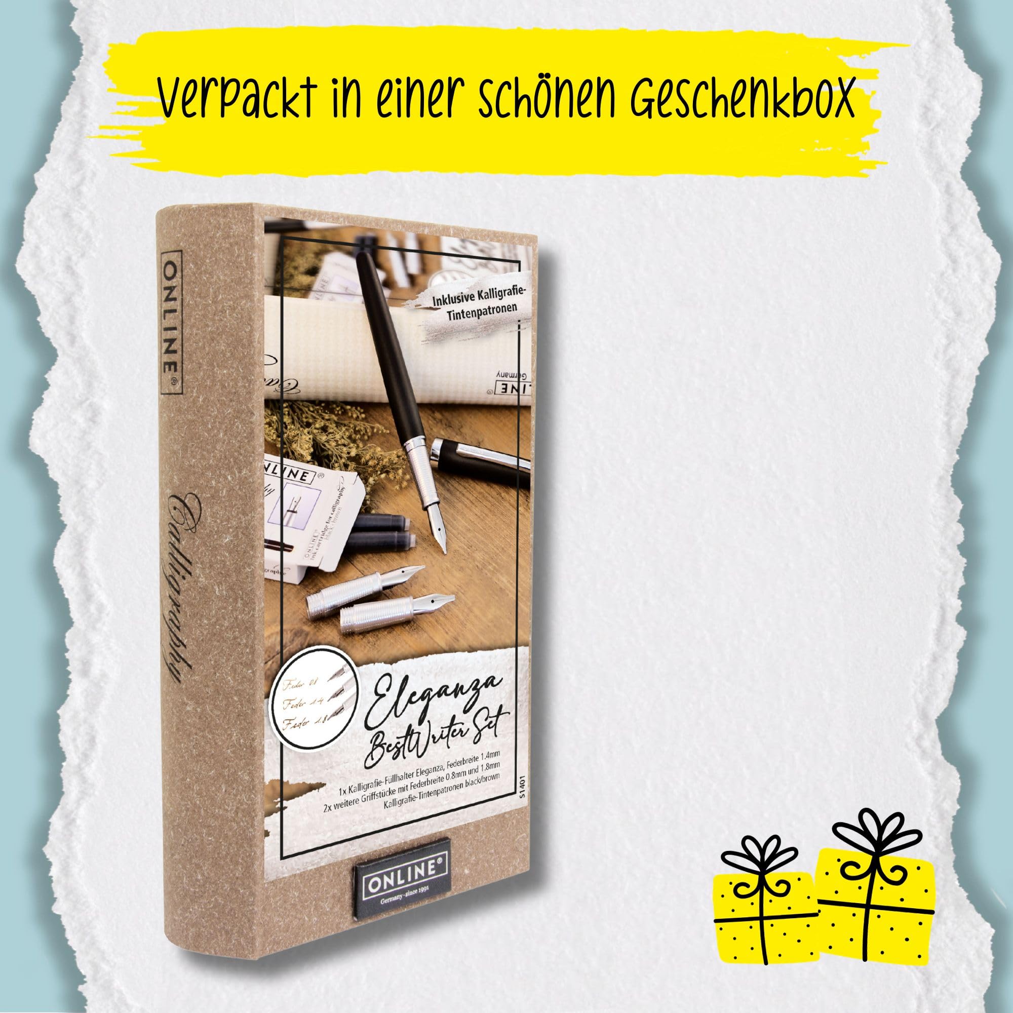 Online Eleganza Kalligrafie Set, Schönschreibfüller mit 3 Federn in den Strichstärken 0,8/1,4/1,8 mm, Kalligrafie Füller Geschenkset, inklusive Tintenpatronen schwarz/braun, Geschenkverpackt