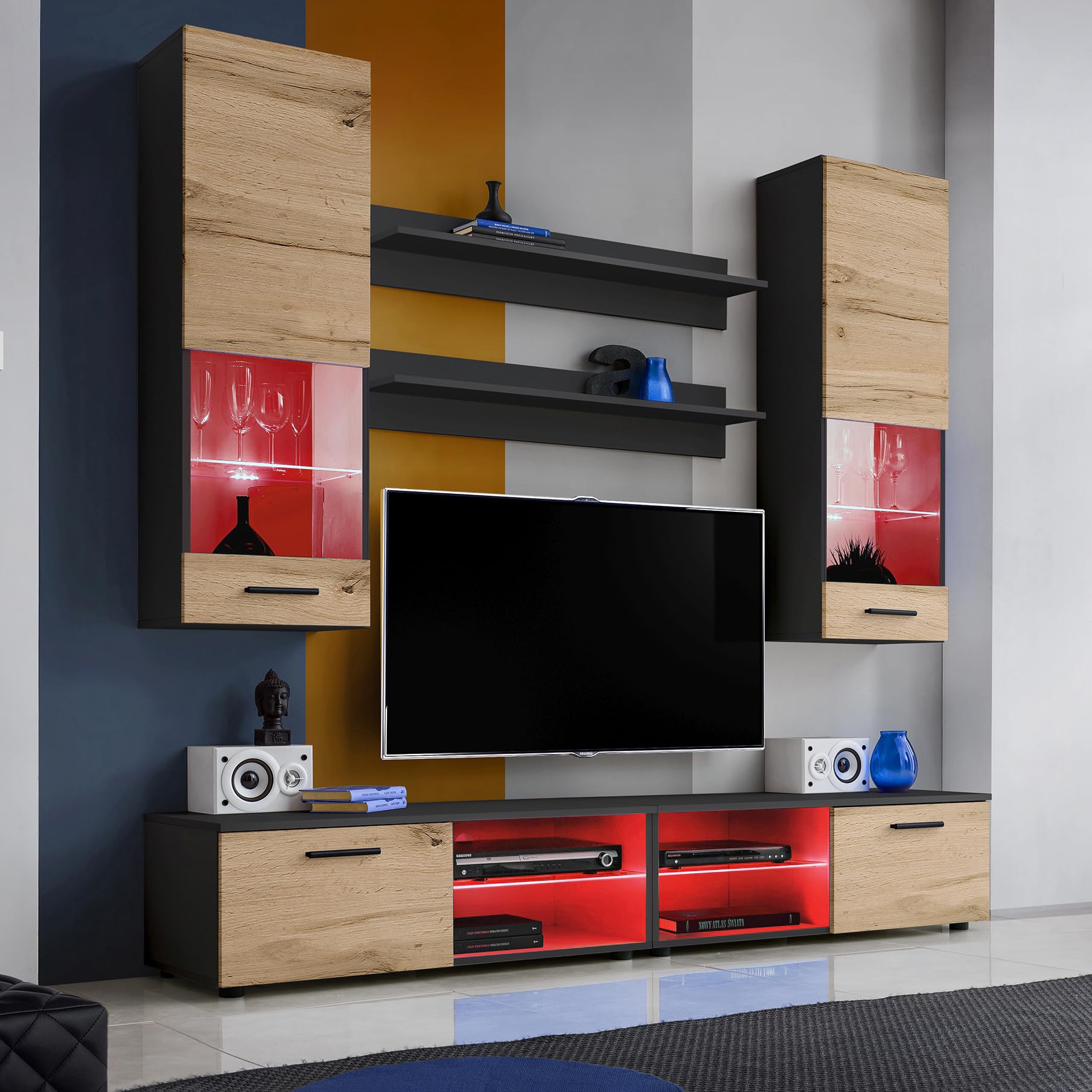 Komodee, Set Di Mobili RTV Varallo, Nero/Wotan, Larghezza 200 cm x Altezza 195 cm x Profondità 45 cm, LED RGB, Per Soggiorno, Camera Da Letto
