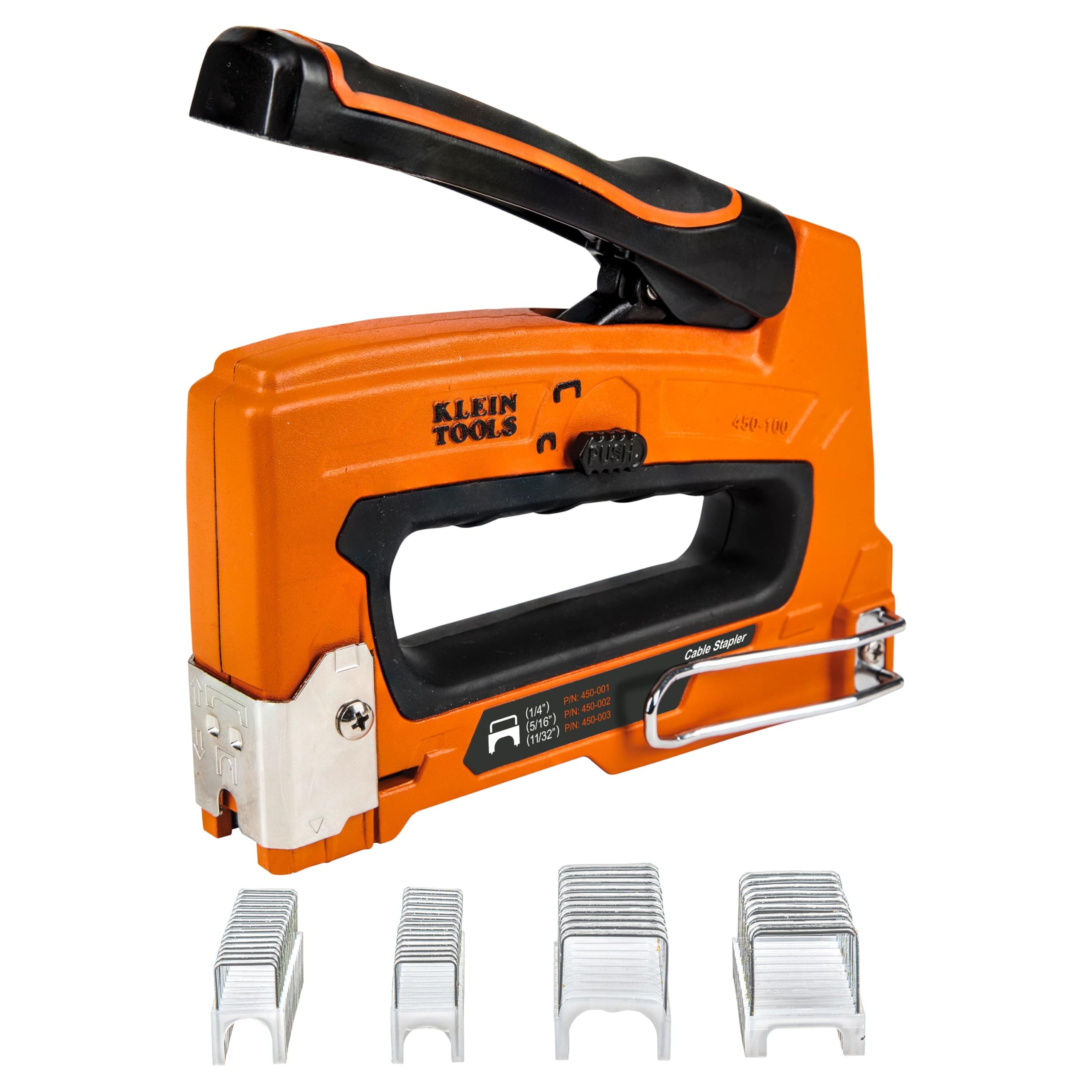 Klein Tools 80169 - Grapadora de cables resistente con 600 grapas aisladas, incluye 300 unidades de 19/32 x 11/32 pulgadas y 300 unidades de 31/64 x 13/64 pulgadas