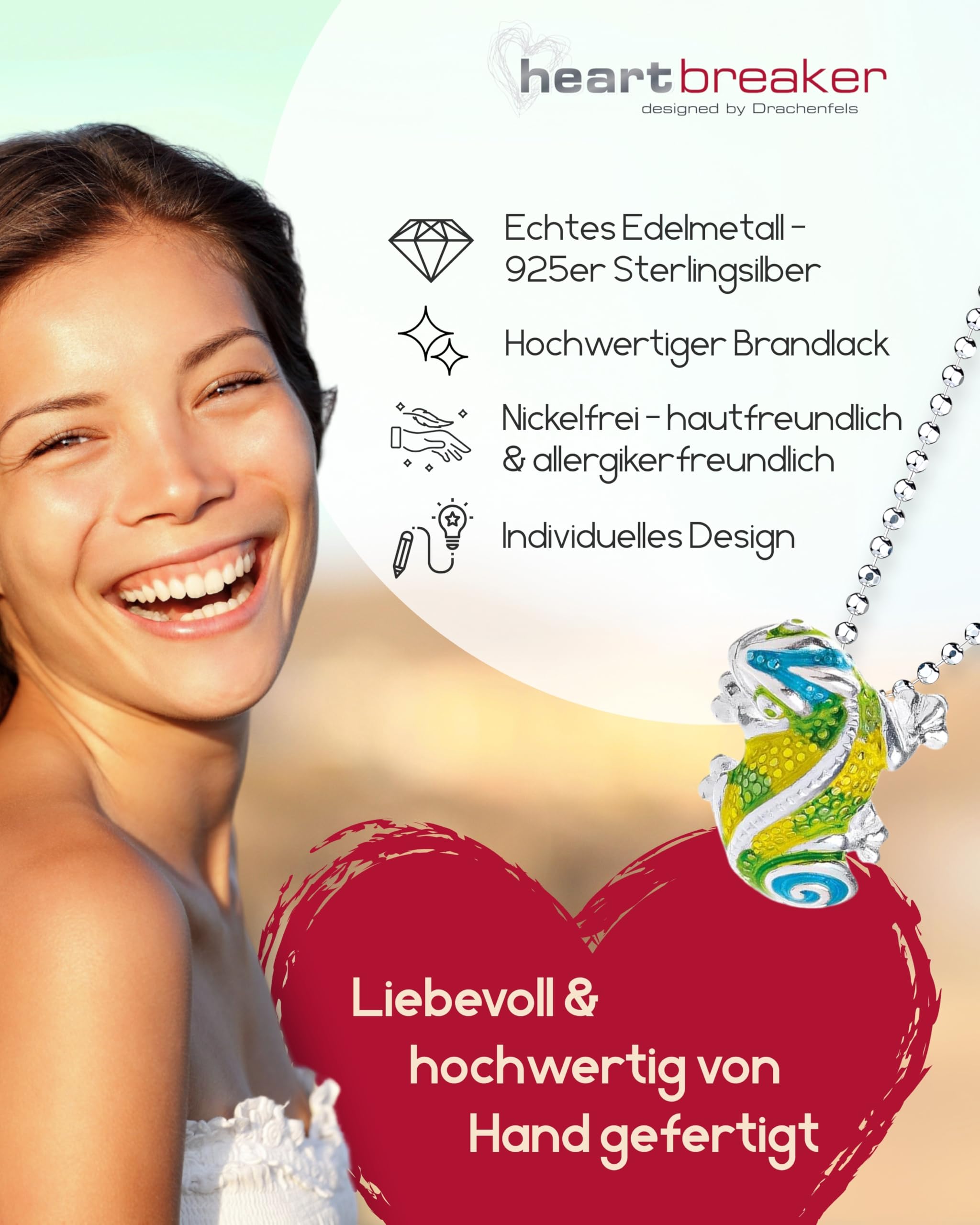 Heartbreaker Chamäleon Anhänger I Edler Kettenanhänger aus 925 Sterling Silber I Nickelfreier Silber-Anhänger mit Brandlack veredelt I In Goldschmiedequalität gefertigt I LD CH 31