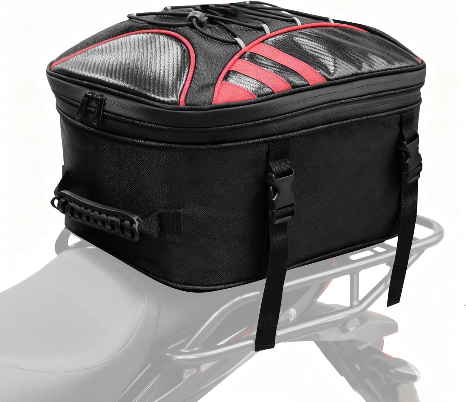 MDSTOP Motorcycle Tail Bag, Dual Use Seat Helmet Bag Backpack with Waterproof Rain Cover, 22L-34L Expandable Motorcycle Rear Seat Bag (Black+Red, M)