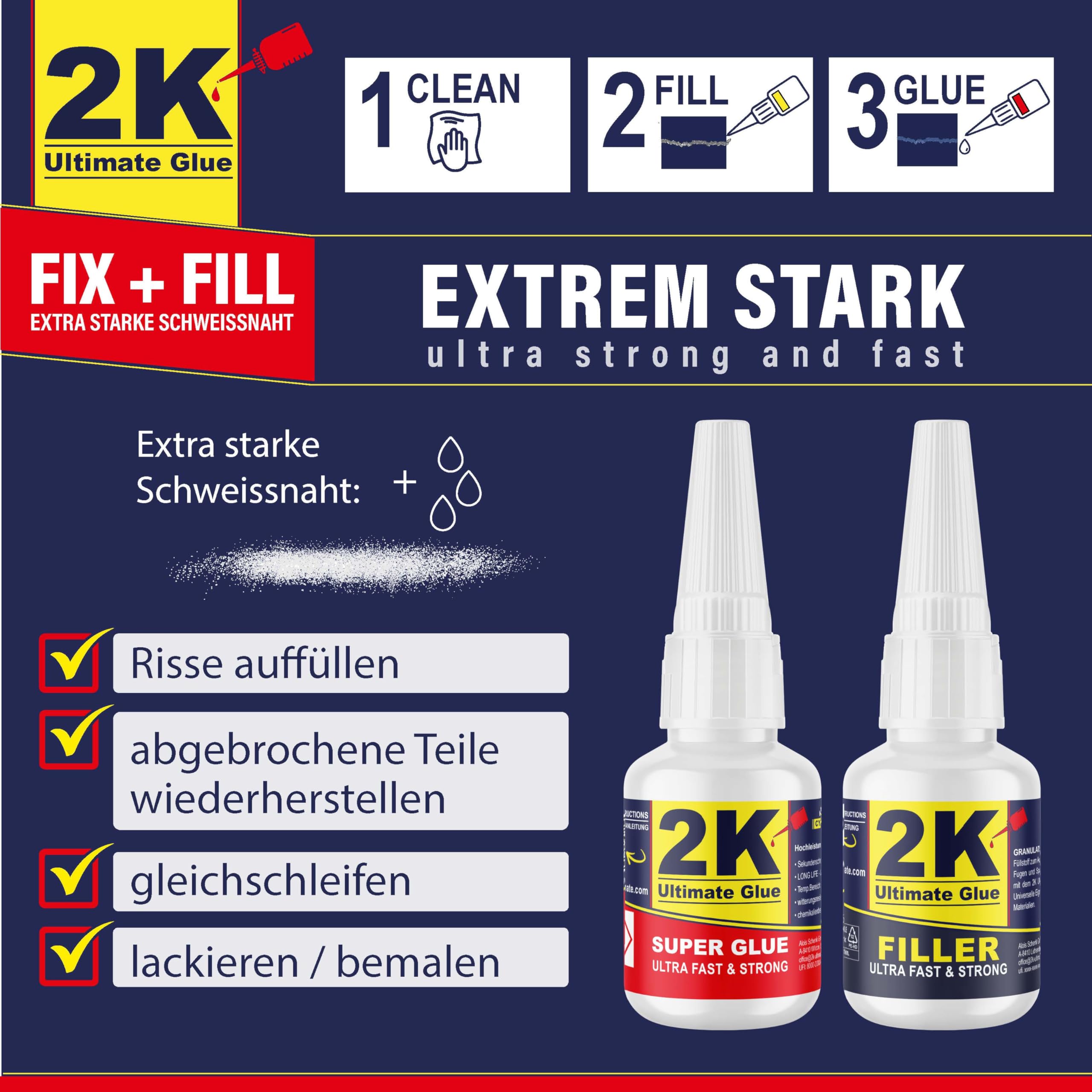 FIX + FILL Kleber extra stark für Kunststoff Gummi Stein Keramik Sekundenkleber/Superkleber - Kunststoff Reparaturset Super glue 2 komponenten Kleber Industriekleber (3 Sets)