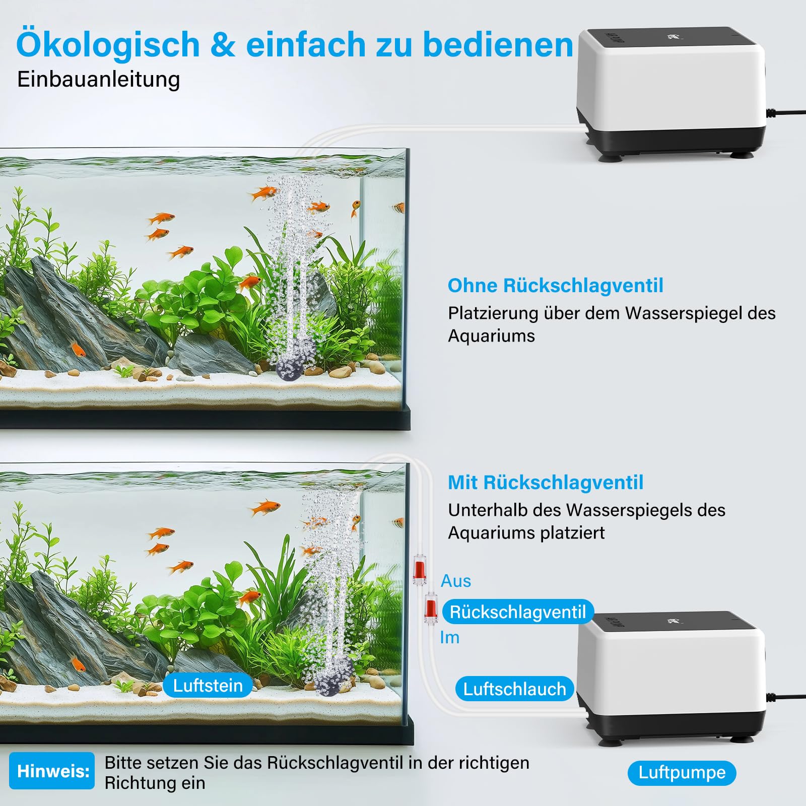 hygger Aquarium Luftpumpe Regelbare Sauerstoffpumpe Aquarium Leise, ≤35dB, 2 Luftauslässen, Teich Sauerstoffpumpe Pumpe Luft Fisch Tank Luftpumpe für Aquarien mit Allem Zubehör