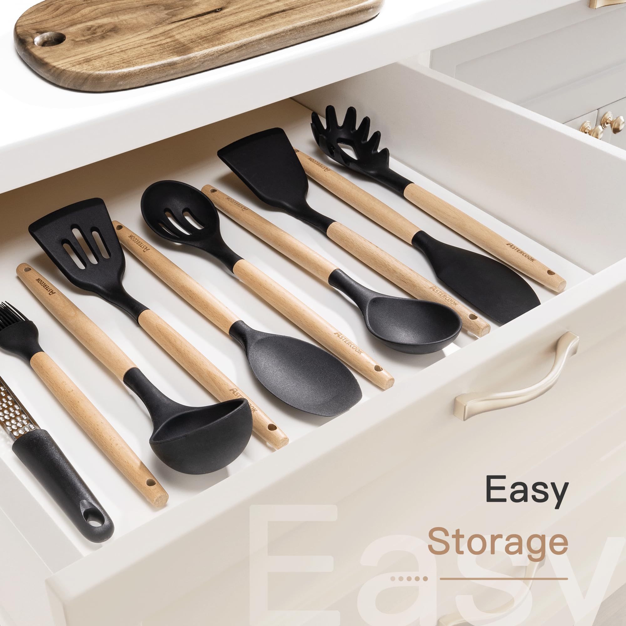 Astercook Kitchen Utensils Set, 39 PCS Silicone Cooking Utensils Set with Wooden Handle, 446°F Heat Resistant Food Grade Utensil Sets, BPA Free Kitchen Gadgets Tools Set for Nonstick Cookware (Black)