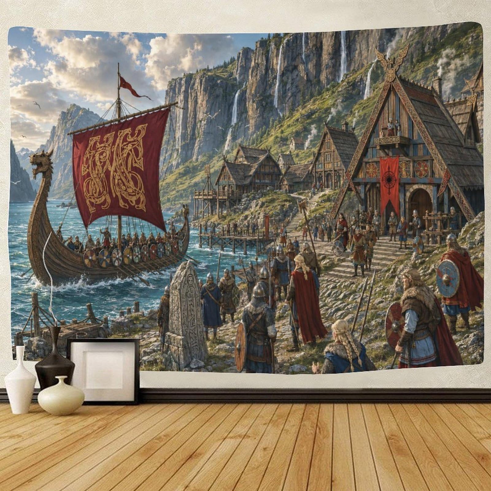 GPMNBCXZK Viking Longship Nordic Fjord Village 3D Print Wall Hanging Decor Tapestry Wall Art Decor Tapestries Poster Home Decoration Living Room Dorm 130cmx150cm