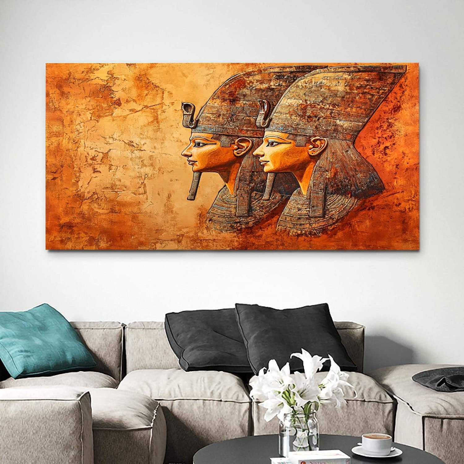 ZORYAN Egyptian Statue Large Canvas Wall Art Painting Orange Canvas Pictures Wall Art for Living Room Home Office Restaurant Decor, 80x160cm Frameless