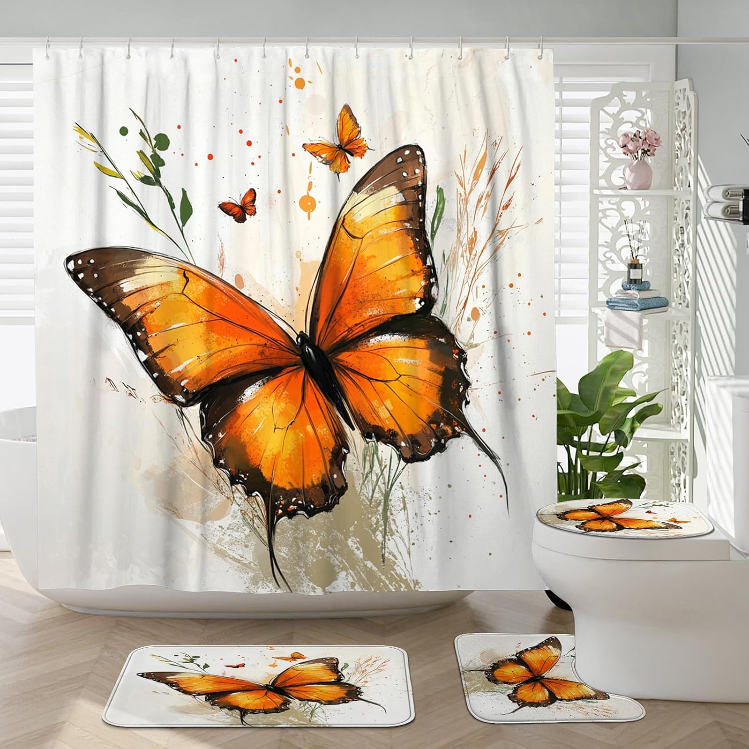 4PCS Spring Watercolor Butterflies Bathroom Accessory Sets with Non-Slip Rug, U Shape and Toilet Lid Cover Mat, Cute Fun Kids Bathroom Curtain Fabric Decor-72''x72''