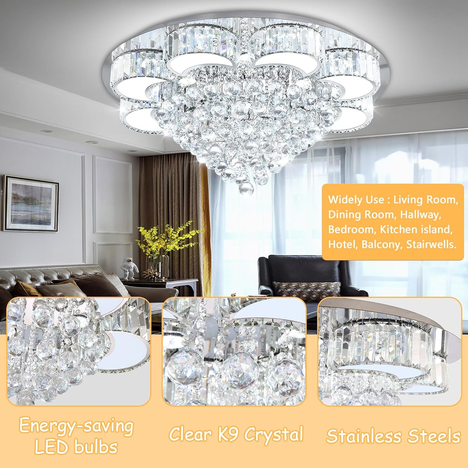 31.4" Silver Modern Crystal Chandeliers for Dining Room LED Dimmable Light Fixtures Flush Mount Light Living Room Bedrooms