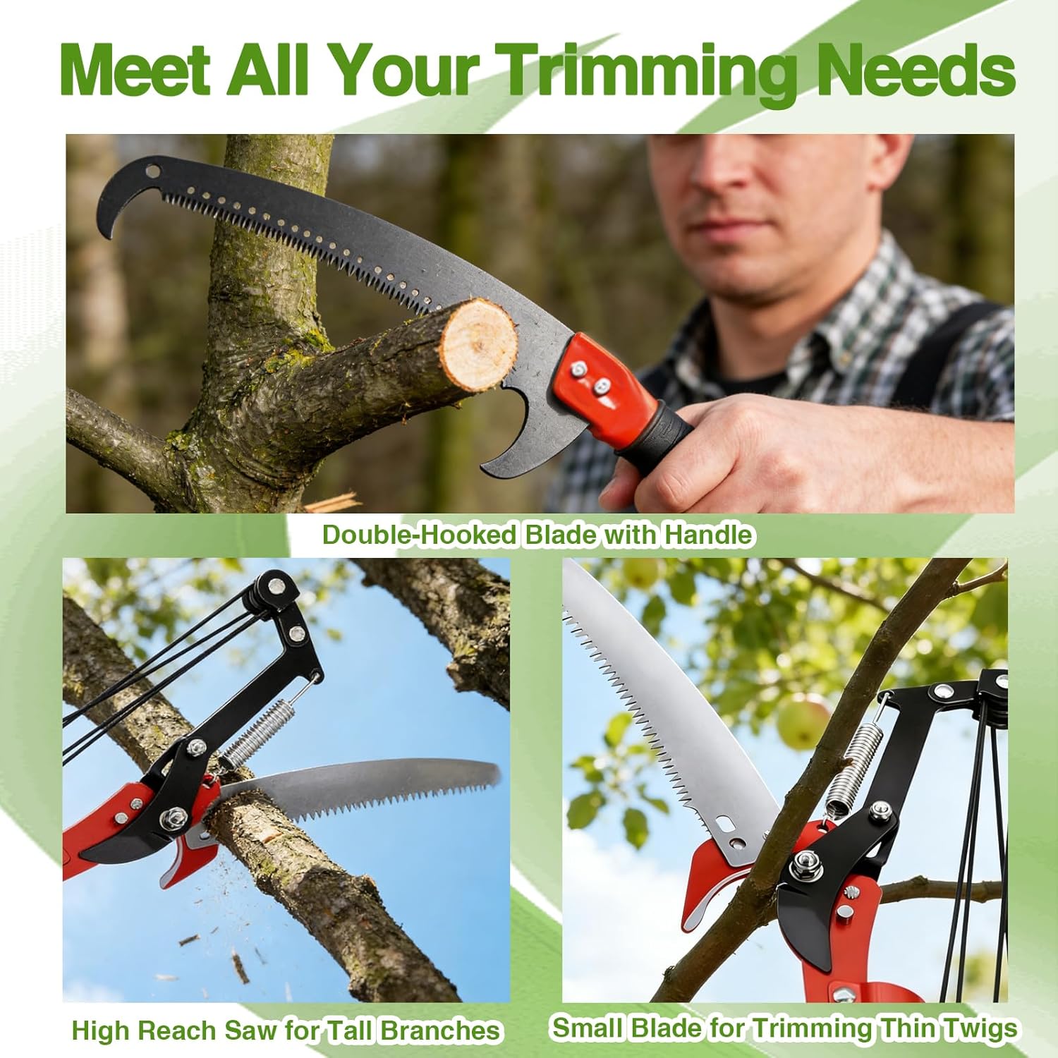 Pole Saws for Tree Trimming - 7.3-27 ft Manual Tree Trimmer with Sharp Steel Blade and Scissors, Long Reach High Branch Cutter for Garden Landscaping Pruning Palms Shrubs Fruit Trees