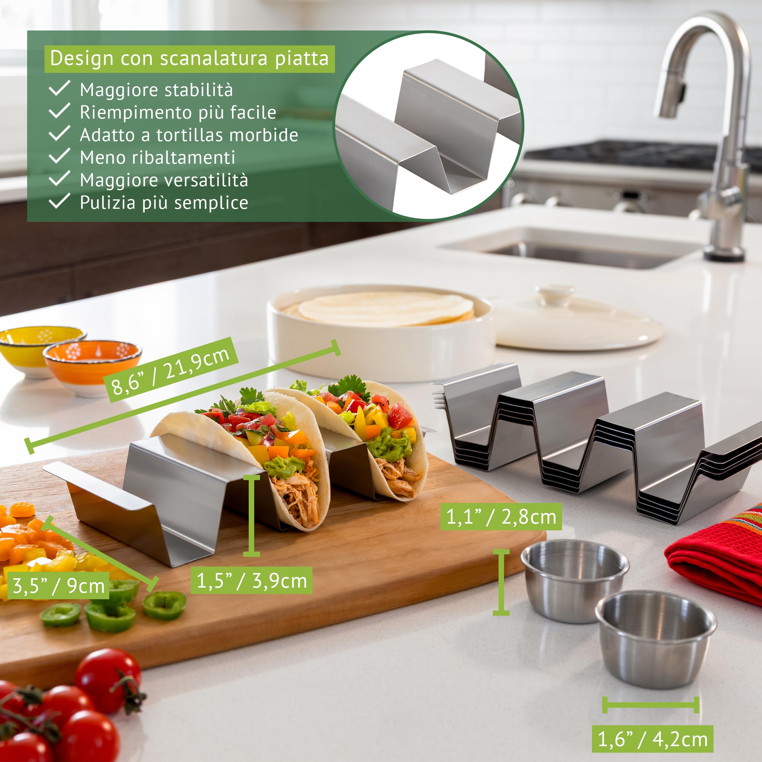 Porta Tacos Acciaio con Base Piatta Scanalata, Set 6 per Tacos Messicani e Tortilla, Ideale come Chef Accessori e Accessori Griglia per Forno o BBQ