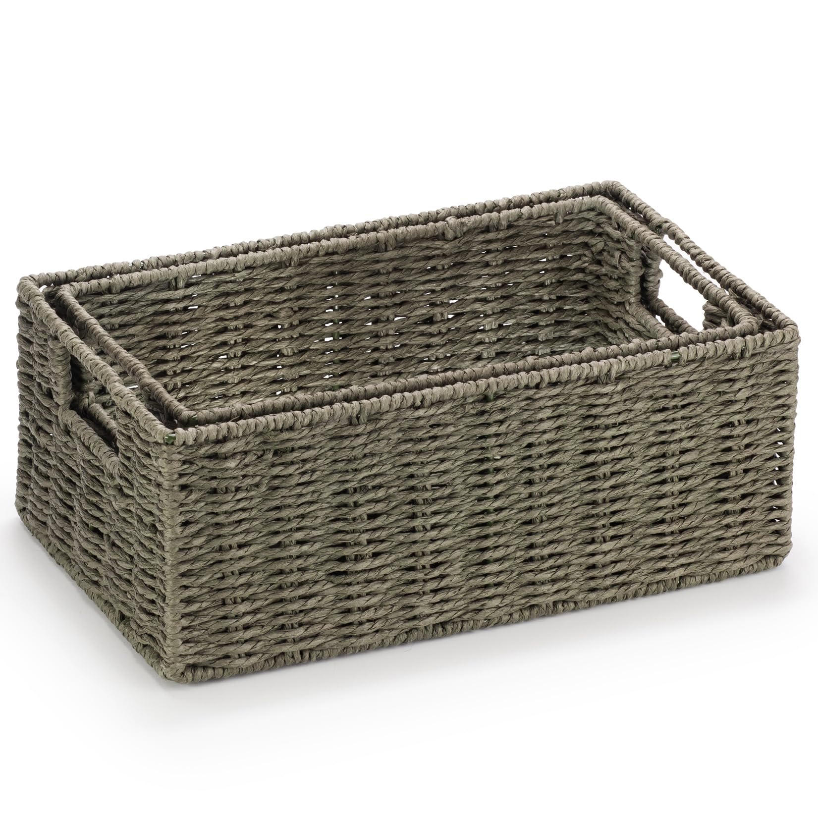 Woodluv Storage Baskets set of 2, Paper Rope Storage Boxes Bin Organiser Divider for Cupboards Drawer Closet Shelf,Wicker Woven Basket, Dark Green