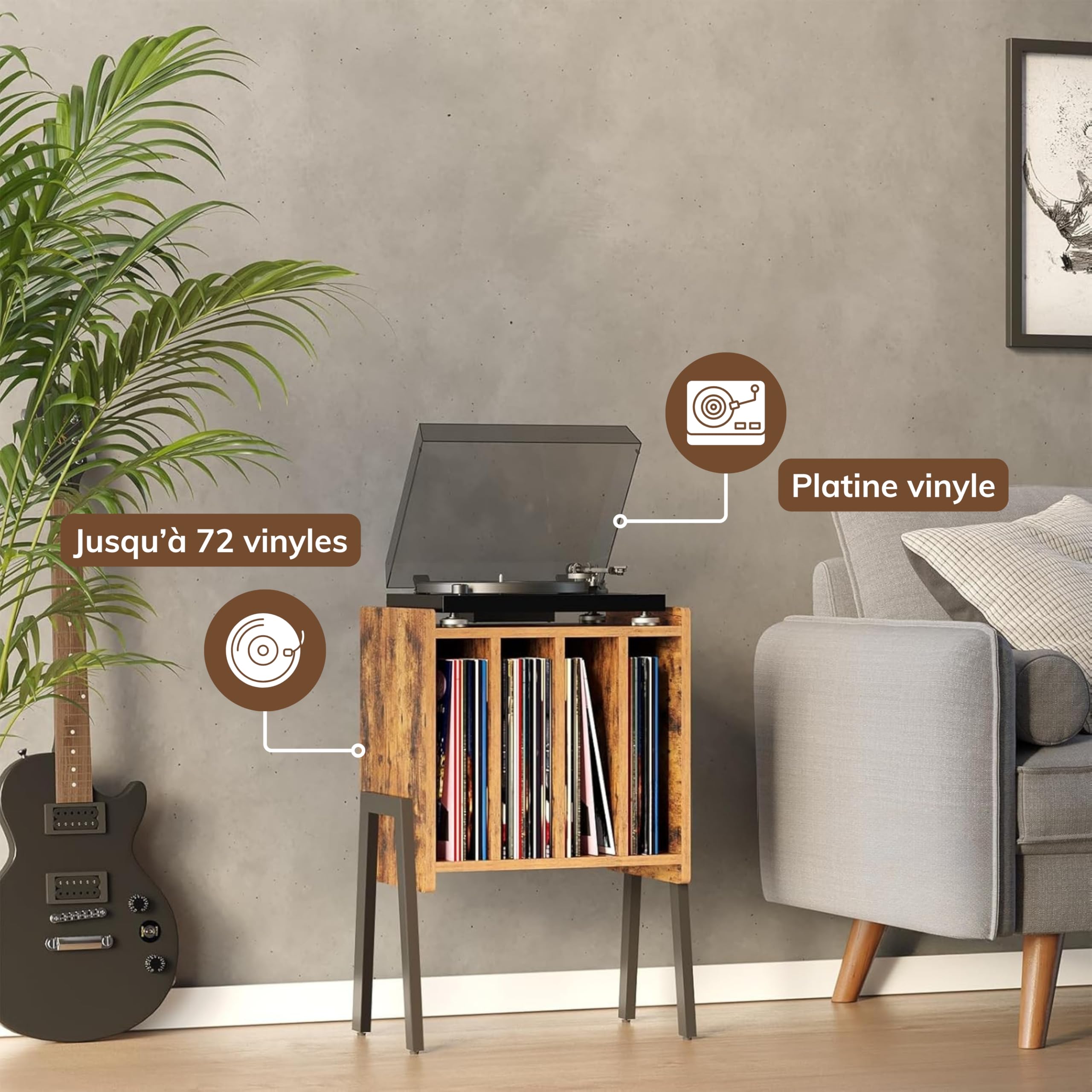 ACAZA Meuble Vinyle - pour Platine Tourne Disque et Albums Vinyles - 66 x 38.5cm - Design Bois MDF et Métal - Brun Vintage (Brun Vintage)