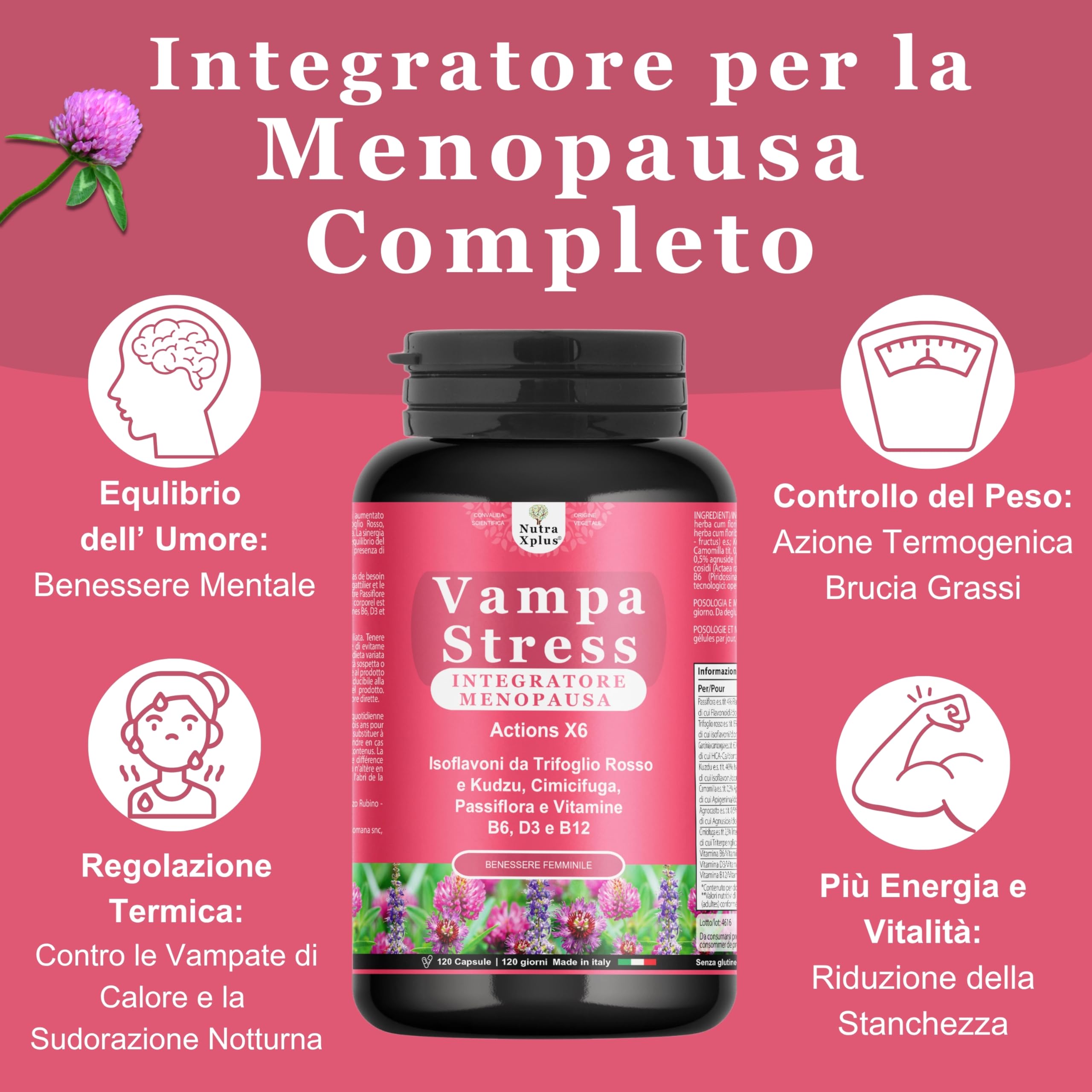Vampa Stress Menopausa Integratori (120cps 4MESI) con Isoflavoni Trifoglio Rosso forte, Cimicifuga Kudzu, Vitamina D3, B6, B12 controlla Vampate di Calore, Sbalzi d’Umore, Nutra Xplus