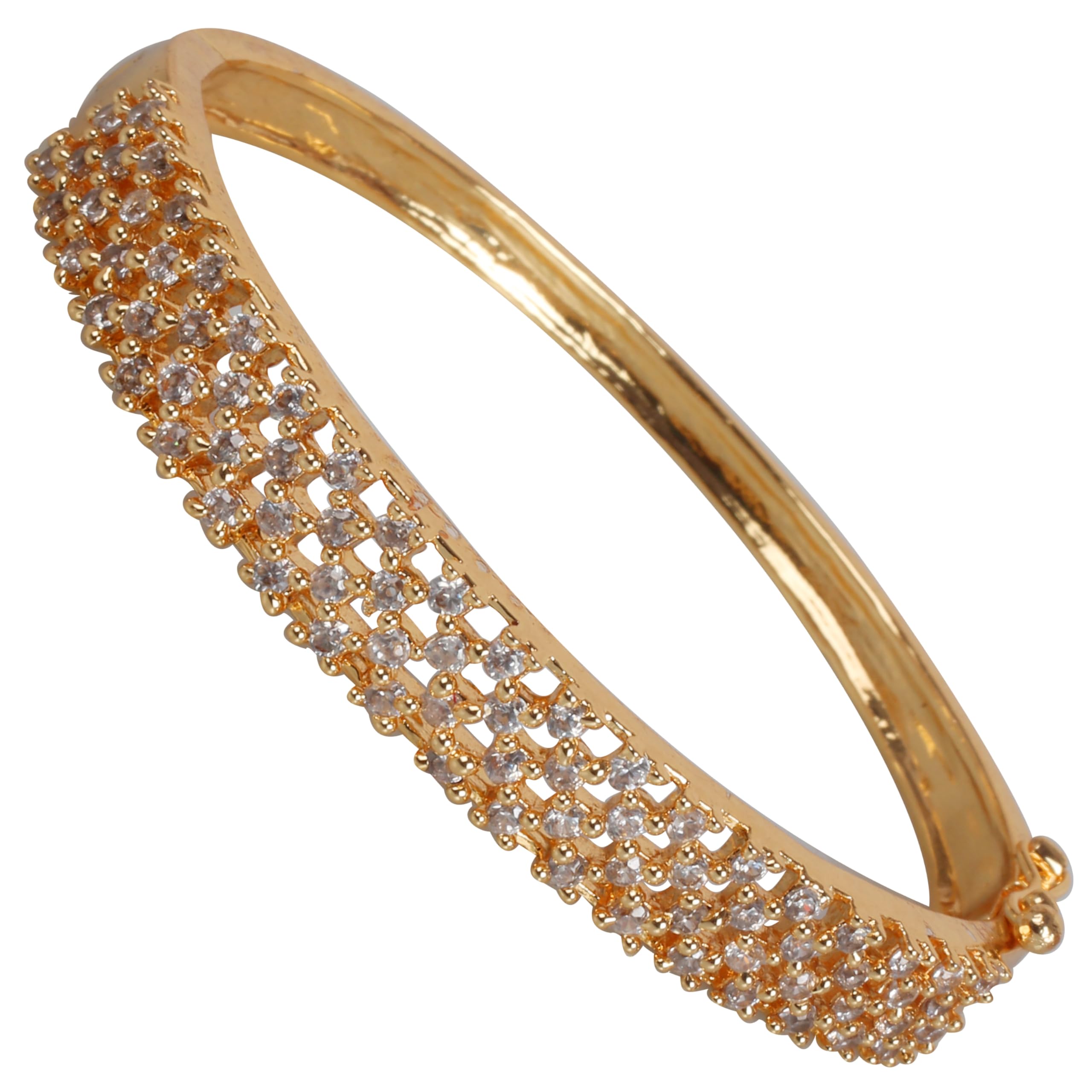 NEW! Indian Bollywood Handcrafted Pretty Mesh Work Simulated Diamond Prong Setting Round Cubic Zirconia CZs Designer Jewelry Lockable Adjustable Gold Plated Bracelet For Women.