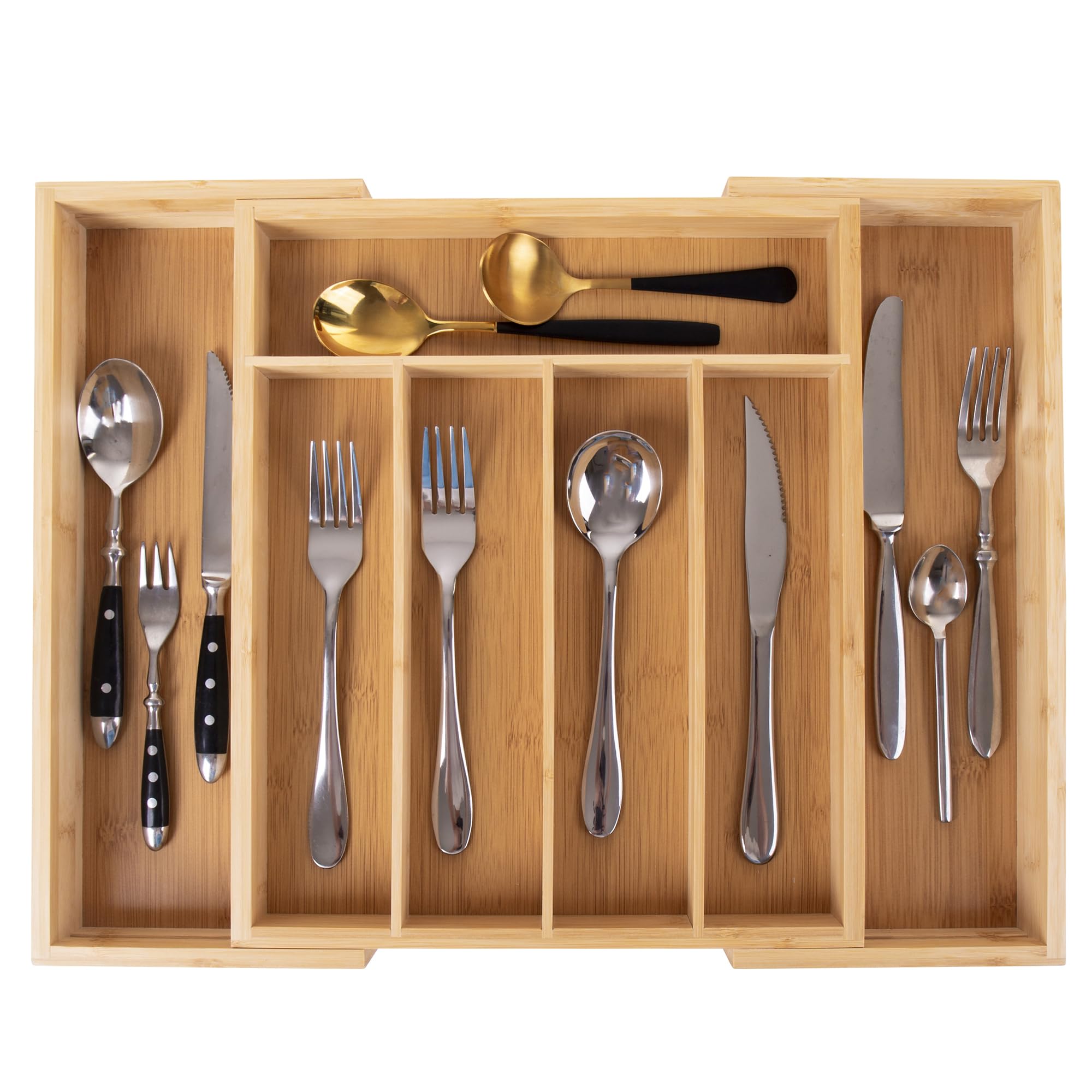 Vencier Cutlery Tray for Drawer - Bamboo Adjustable Cutlery Organiser Tray - Bamboo Cutlery Tray 5 to 7 Compartments (Natural)