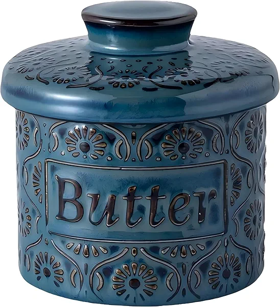COPORISO Ceramic Butter Crock with Lid, French Butter Dish with Water Line for Countertop, Butter Keeper for Spreadable Butter, Container Holder for Kitchen and Home Decor, 6.7 OZ, Vintage Blue
