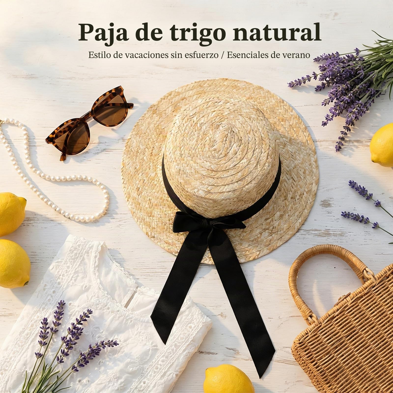 Sombrero de paja para mujer, paja de trigo con lazo decorativo, sombrero para el sol con protección UV 50+ para playa, vacaciones y verano