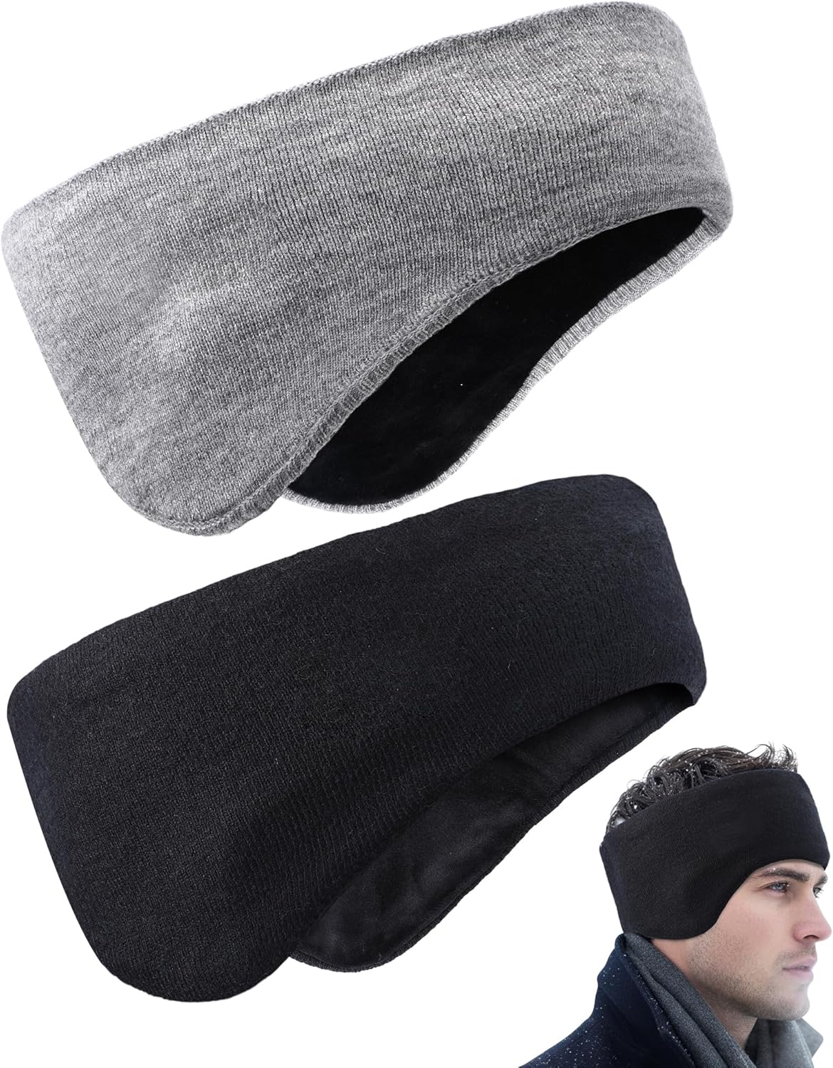 JenPen 2 Pcs Double-layer Men's Ear Muffs for Winter Ear Warmers Headband Knit Fuzzy Lined for Adult Ski Running Cycling
