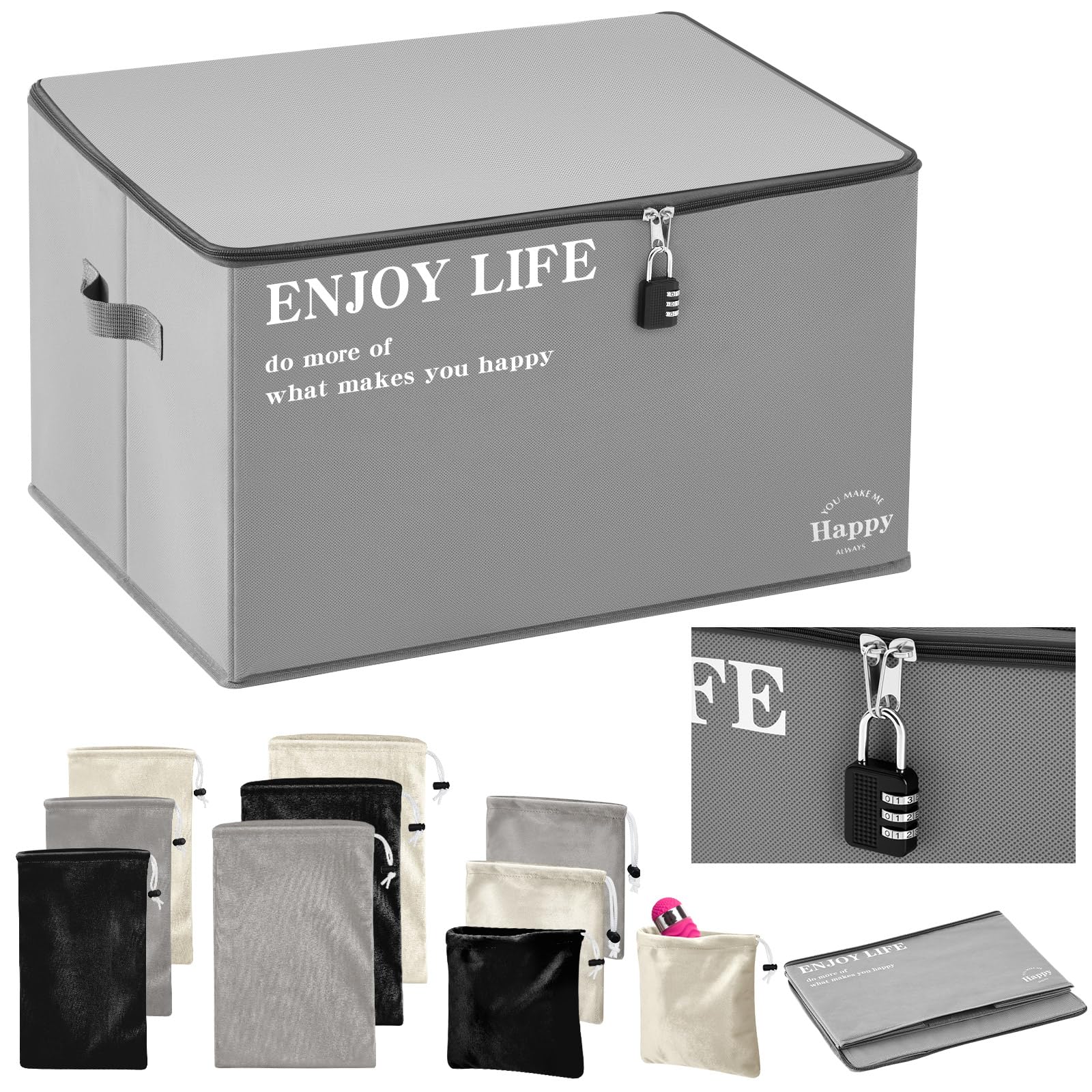 Cinnvoice Toy Storage Bag Organizer Case and 9 Pcs Drawstring Bags with Metal Combination Lock for Adult Toy, Game, Travel Gear Organization