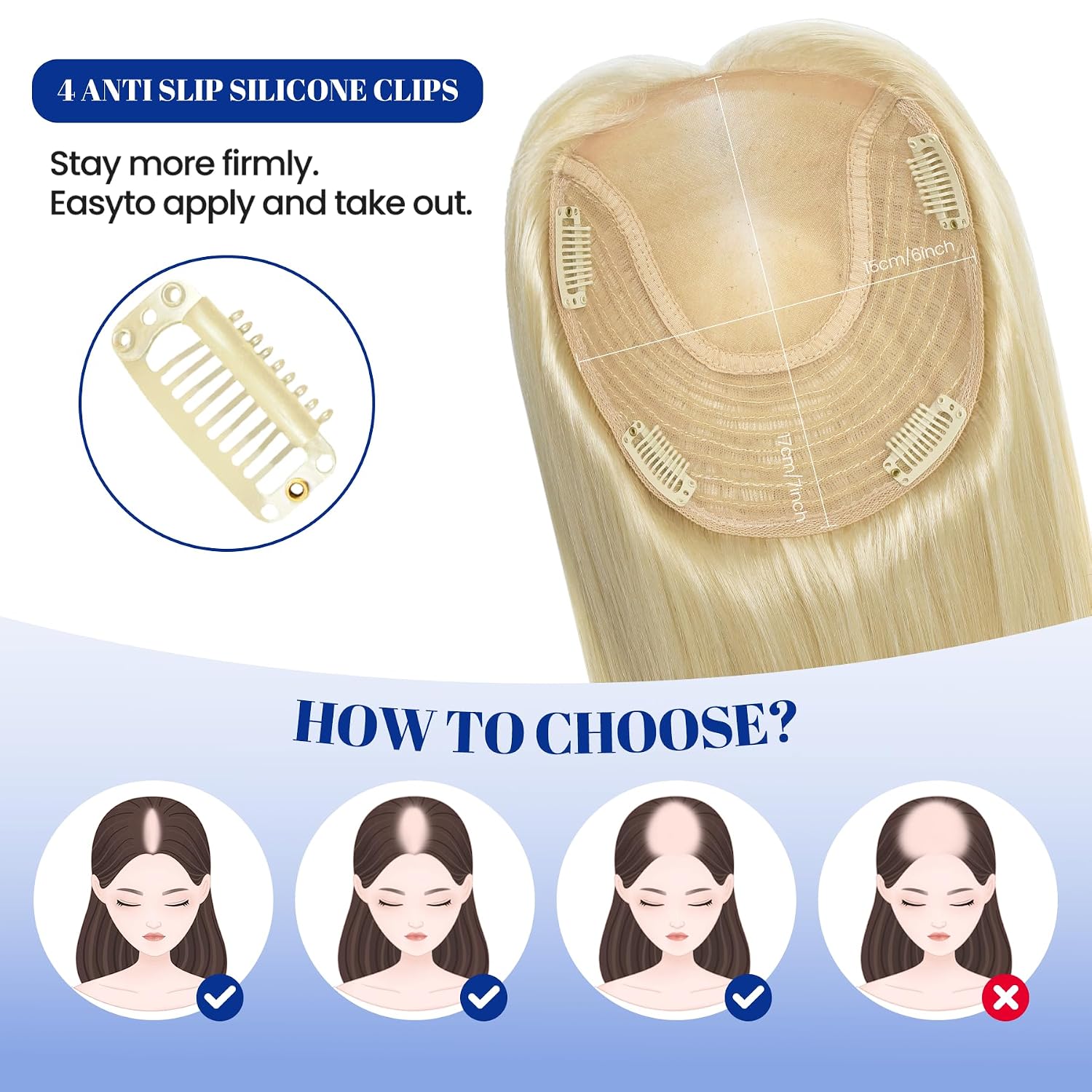 WORLDSTAR Hair Topper for Women Real Human Hair No Bangs 360°3D Coverage 6 * 7 Inch Base 16 Inch 75g #60 Platinum Blonde Hair Topper for Women with Thinning or Grey Roots Wig (tp#60-16)