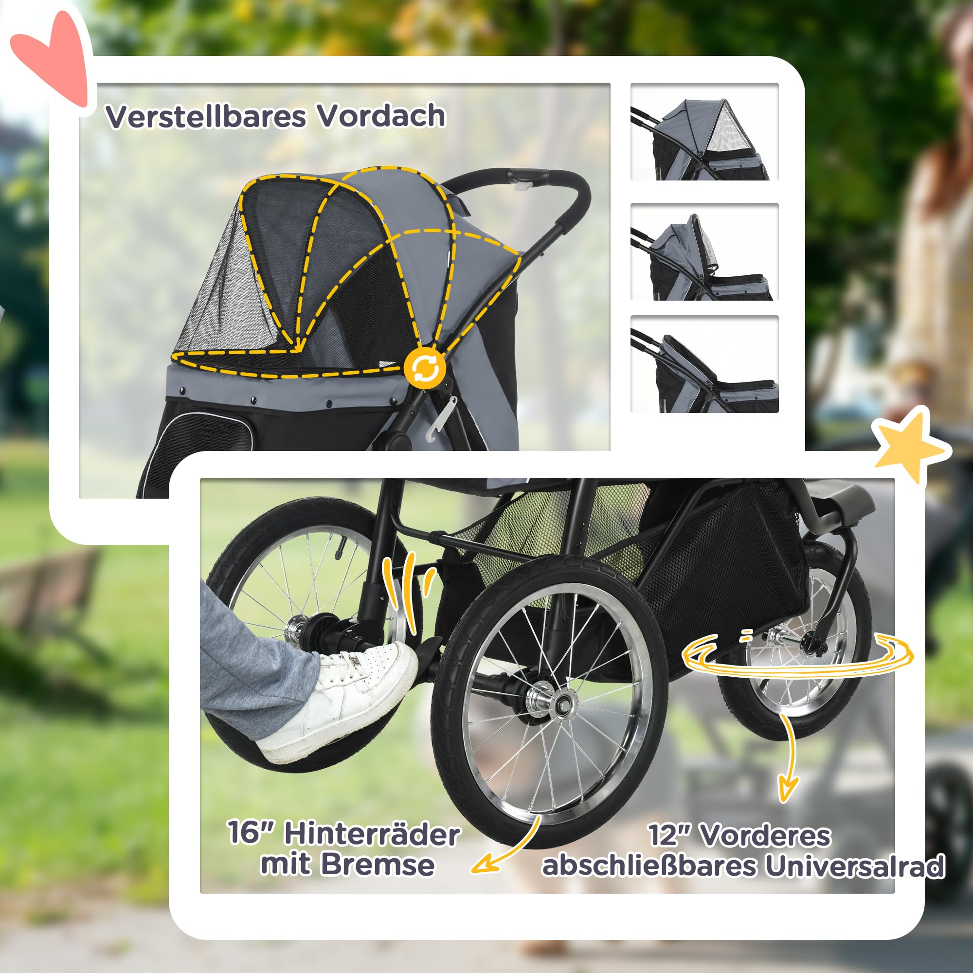 Poussette pour chien PawHut, poussette pour chat avec réflecteurs, poussette pliante pour chien avec panier de rangement, protection solaire, fenêtre en filet, trolley pour petits et moyens chiens,